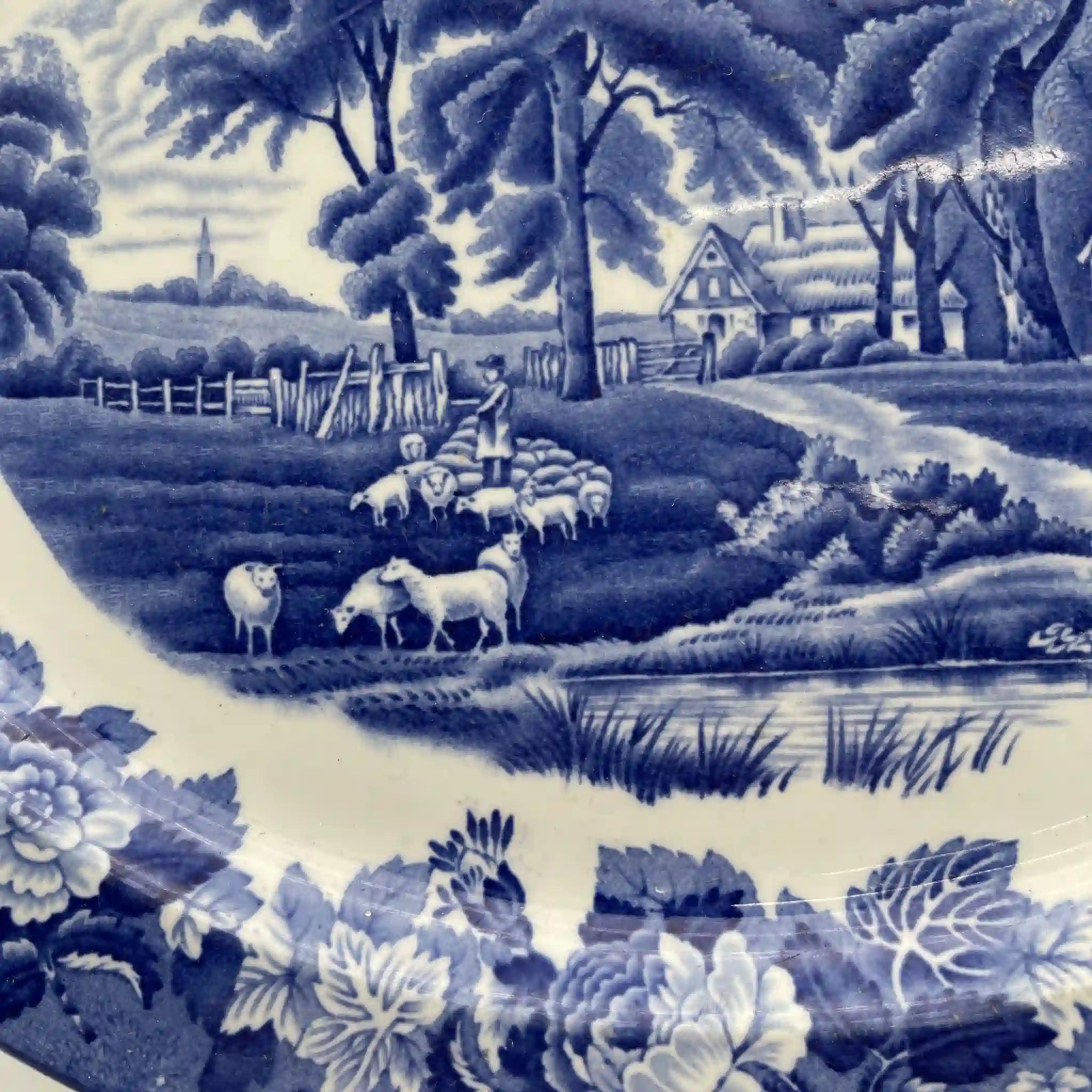 【复古】椭圆形盘子(大盘子)/ Wood & Sons (Wood & Sons) / English Scenery / 1940-1960年代(估计)/铁石/ 英国/蓝与白,铜版印刷,英国乡村风景