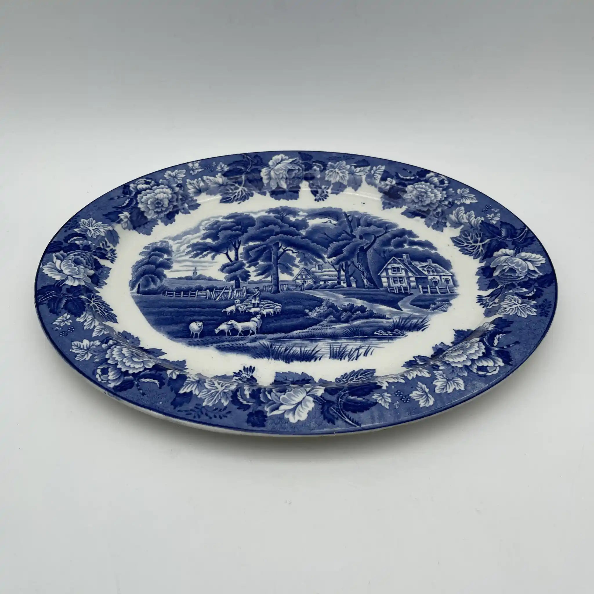 【复古】椭圆形盘子(大盘子)/ Wood & Sons (Wood & Sons) / English Scenery / 1940-1960年代(估计)/铁石/ 英国/蓝与白,铜版印刷,英国乡村风景