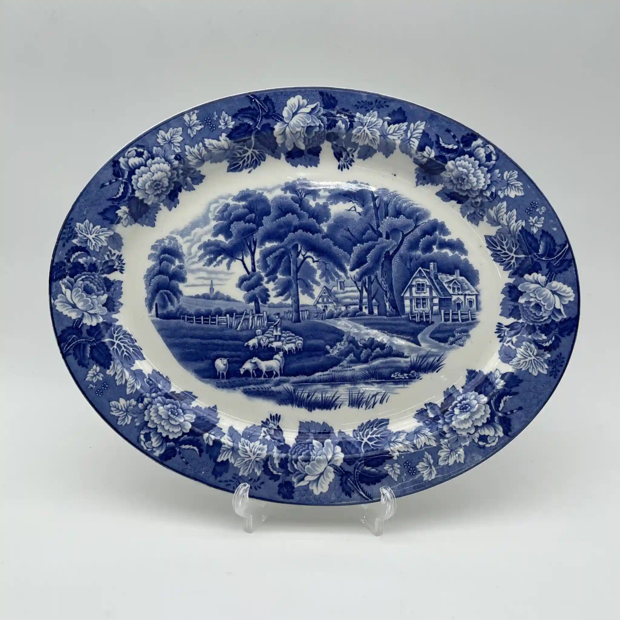 【复古】椭圆形盘子(大盘子)/ Wood & Sons (Wood & Sons) / English Scenery / 1940-1960年代(估计)/铁石/ 英国/蓝与白,铜版印刷,英国乡村风景