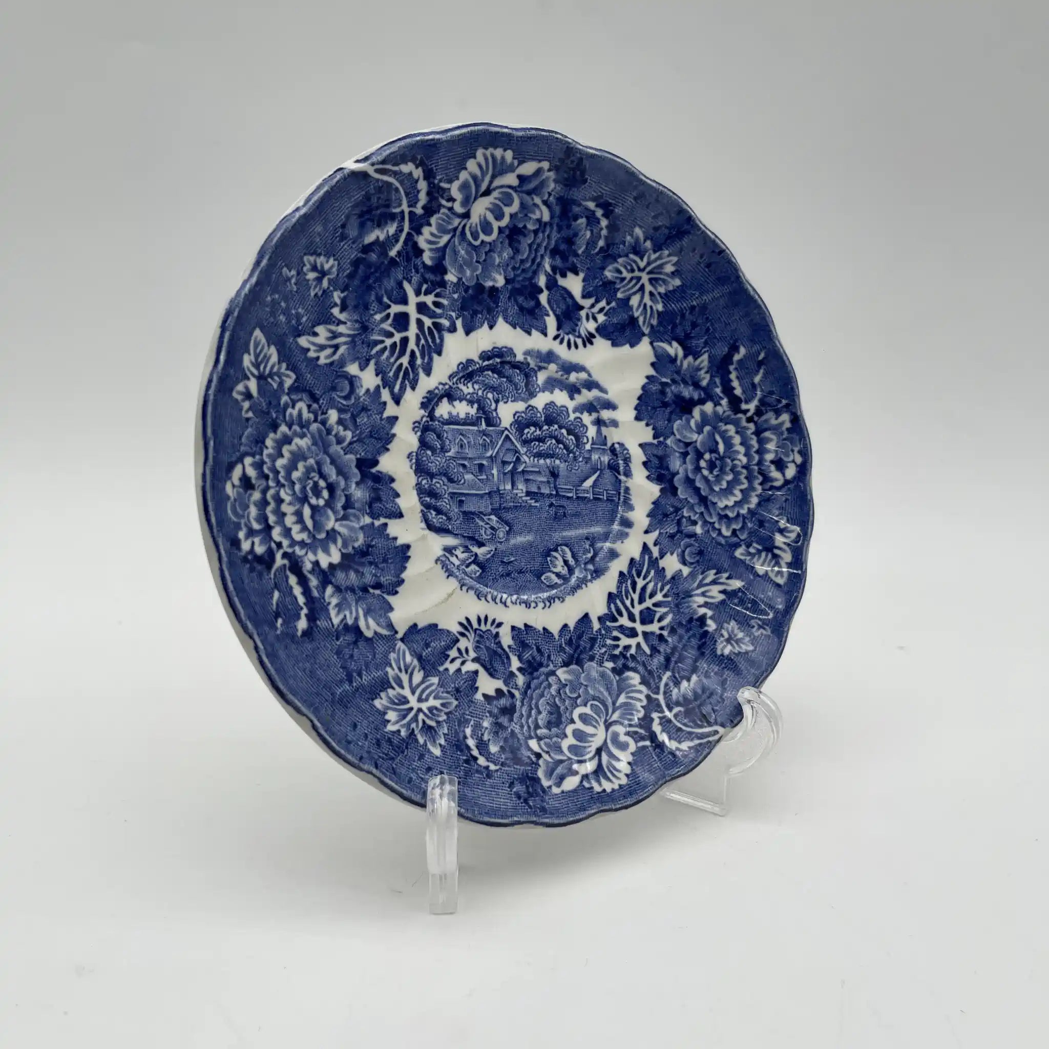 【复古】杯子&碟子/ Wood & Sons / English Scenery / 1940-1960年代(推测)/铁石/英国/ 蓝与白,铜版印刷,英国乡村风景