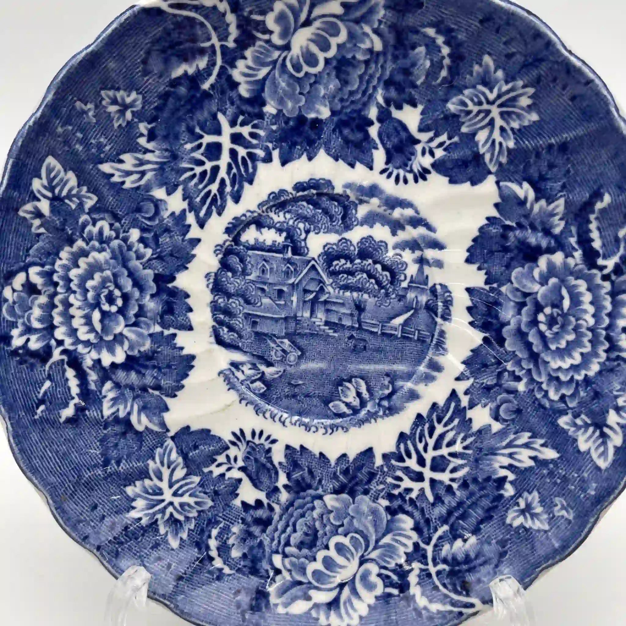 【复古】杯子&碟子/ Wood & Sons / English Scenery / 1940-1960年代(推测)/铁石/英国/ 蓝与白,铜版印刷,英国乡村风景