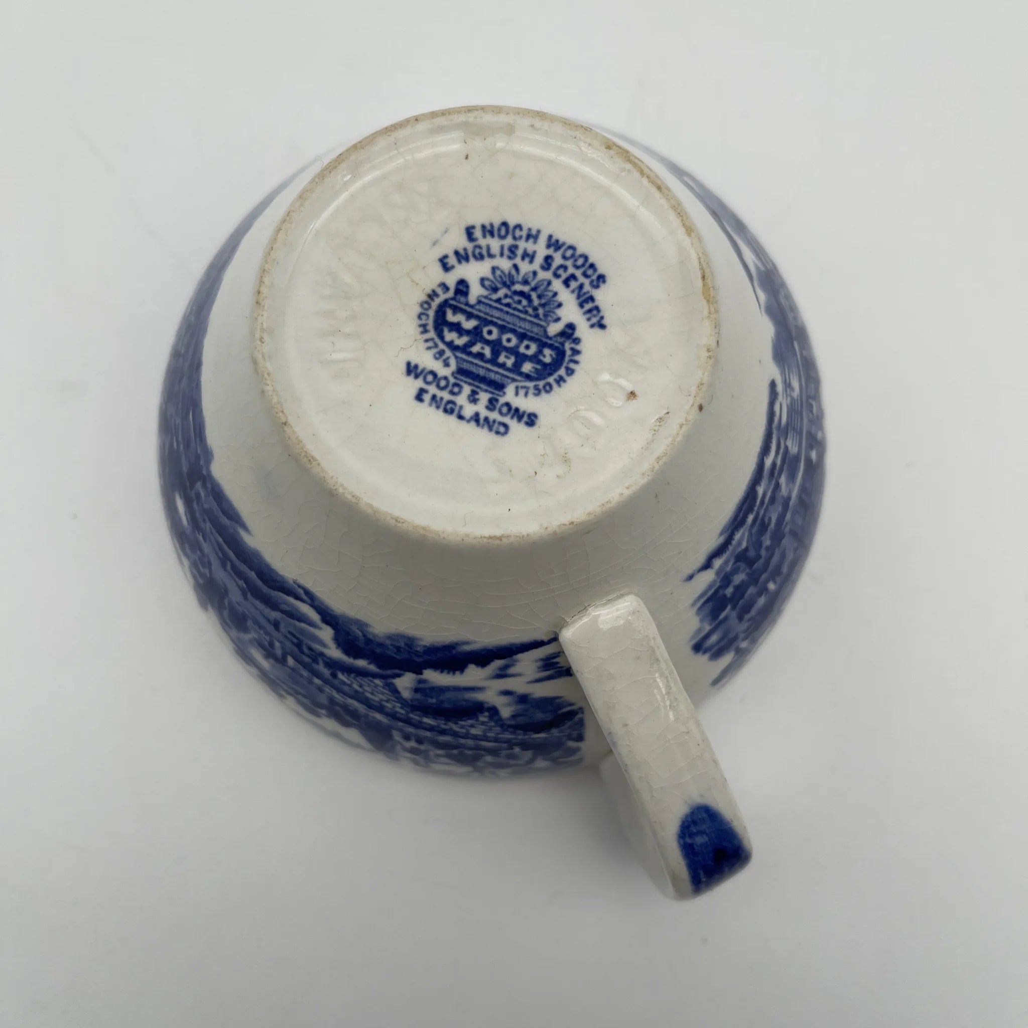 【复古】杯子&碟子/ Wood & Sons / English Scenery / 1940-1960年代(推测)/铁石/英国/ 蓝与白,铜版印刷,英国乡村风景