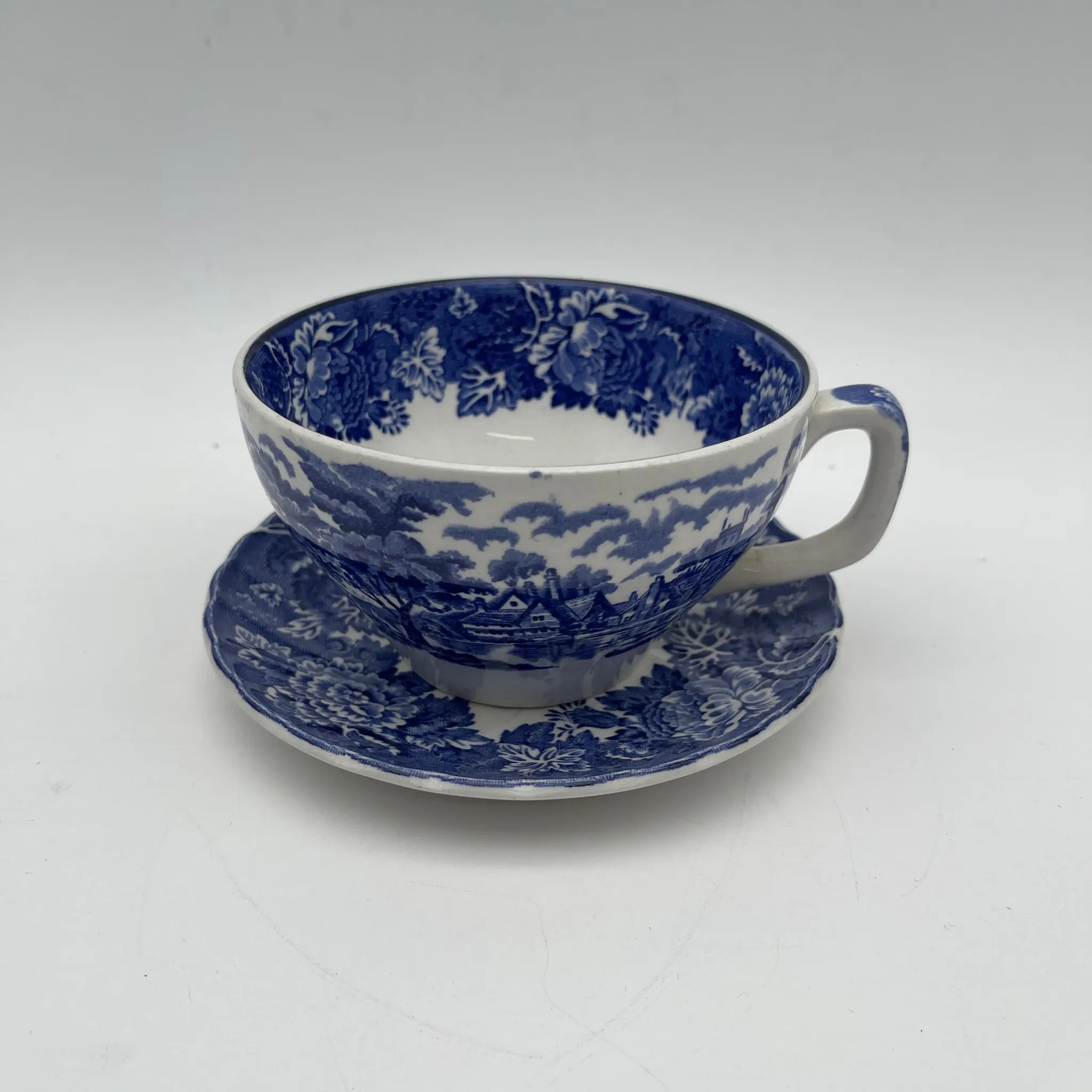 【复古】杯子&碟子/ Wood & Sons / English Scenery / 1940-1960年代(推测)/铁石/英国/ 蓝与白,铜版印刷,英国乡村风景
