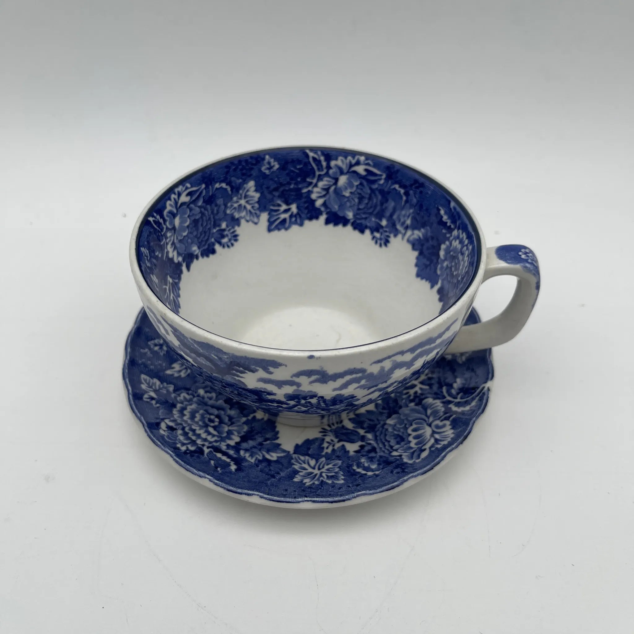 【复古】杯子&碟子/ Wood & Sons / English Scenery / 1940-1960年代(推测)/铁石/英国/ 蓝与白,铜版印刷,英国乡村风景