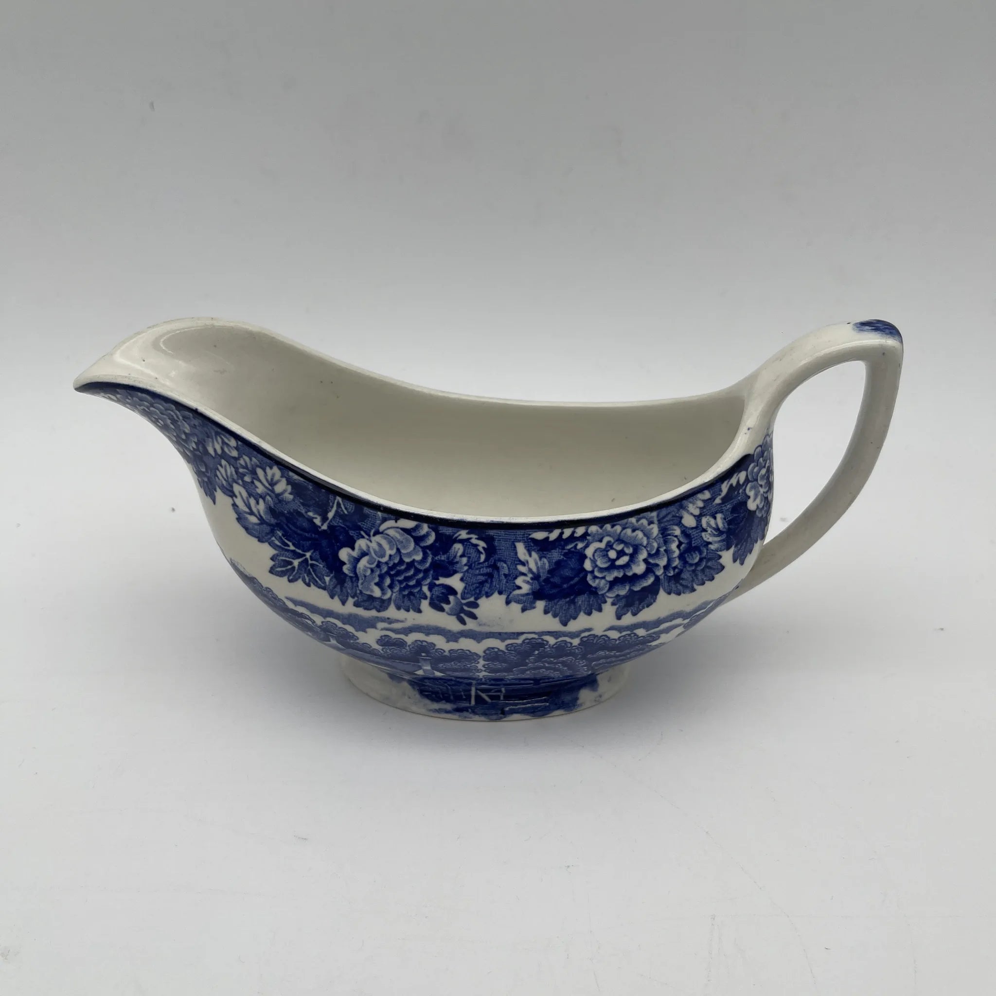 【ビンテージ】 グレービーボート (ソーシエール/ソースボート) / Wood&Sons (ウッド&サンズ) / English Scenery / 1940-1960年代 (推定) / アイアンストーン / イギリス / ブルー&ホワイト, 銅版転写, 英国田園風景