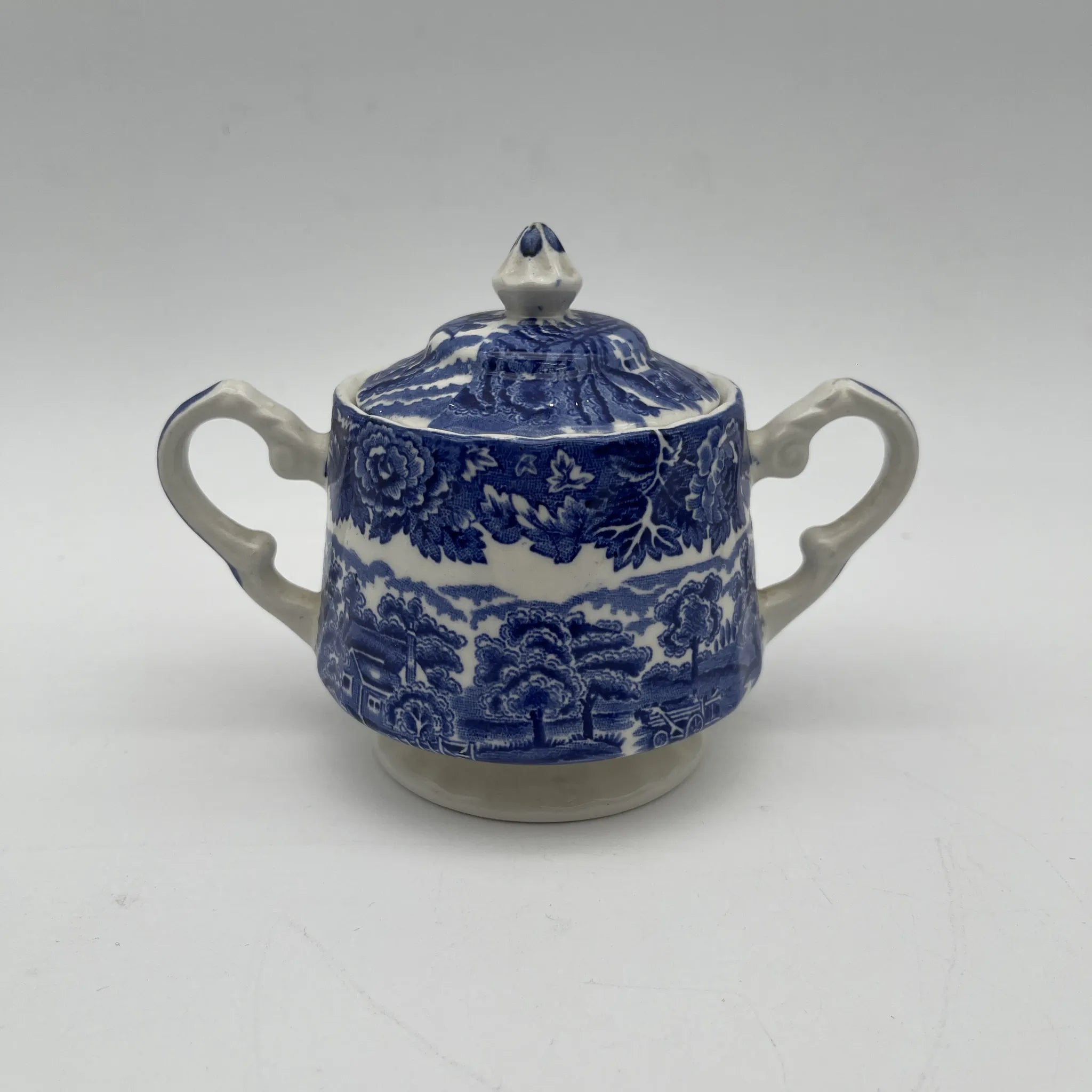 【复古】糖碗(糖罐)/ Wood & Sons (Wood & Sons) / English Scenery / 1940-1960年代(推测)/铁石/ 英国/蓝与白,铜版印刷,英国乡村风景