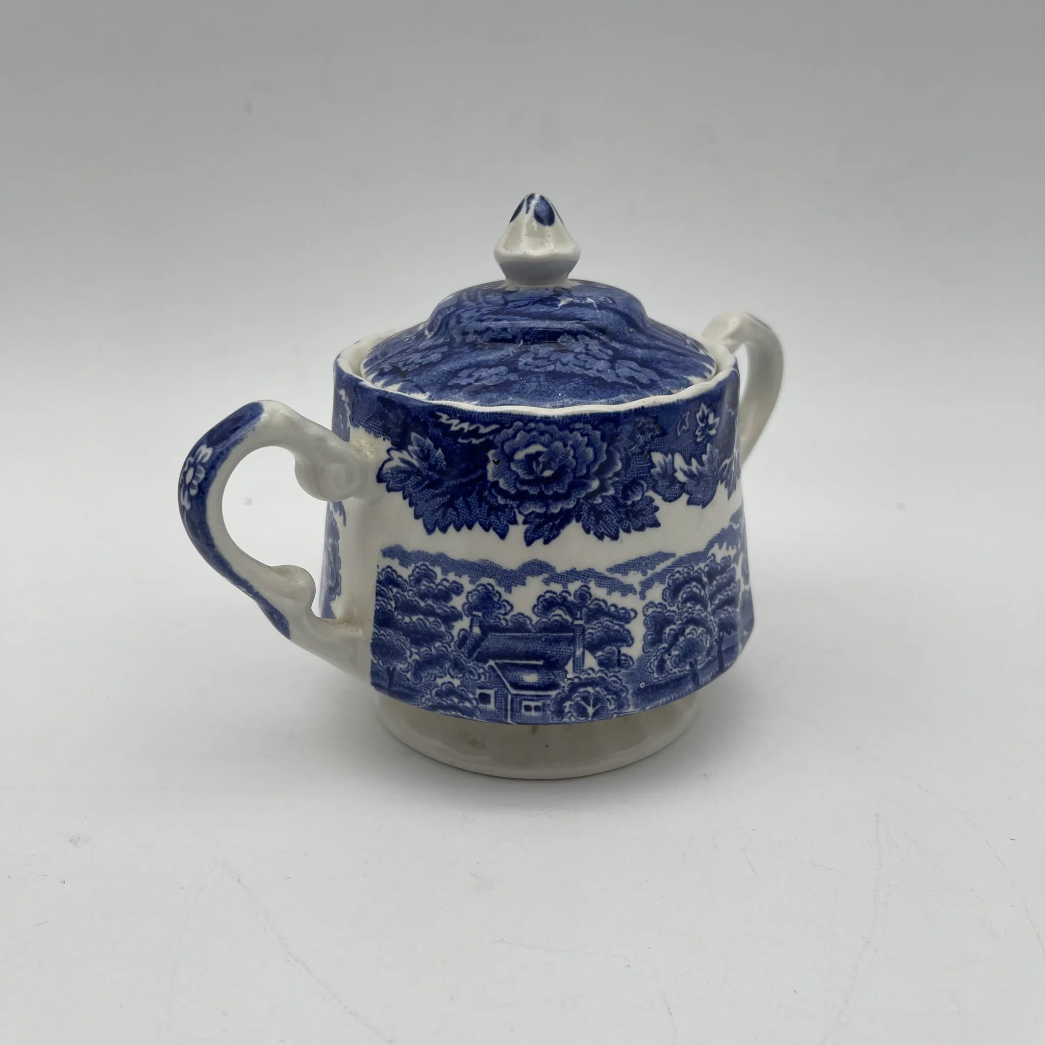 【复古】糖碗(糖罐)/ Wood & Sons (Wood & Sons) / English Scenery / 1940-1960年代(推测)/铁石/ 英国/蓝与白,铜版印刷,英国乡村风景