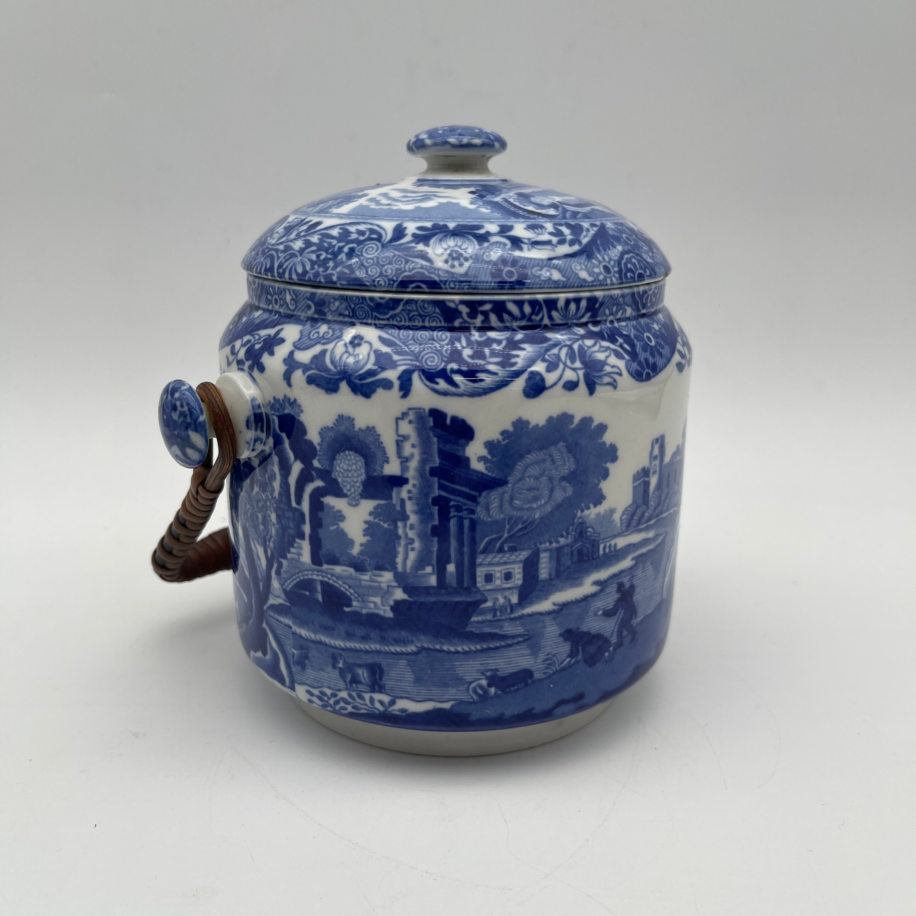 【アンティーク】 ビスケットジャー (蓋付き保存容器) / Spode (スポード) / Blue Italian / 1890-1920年代 / 陶器 / イギリス / ブルー&ホワイト, 銅版転写, 古代ローマ遺跡