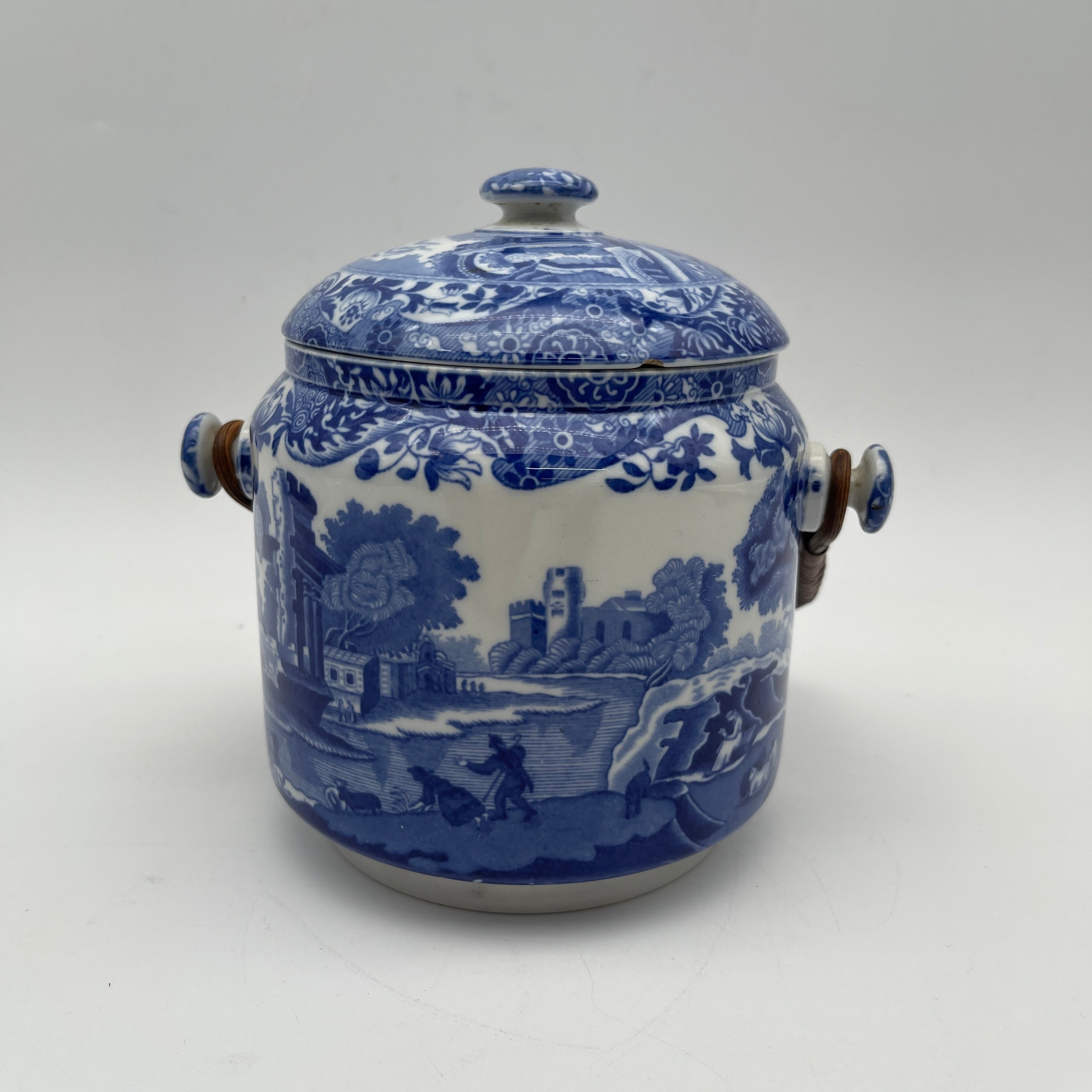 【アンティーク】 ビスケットジャー (蓋付き保存容器) / Spode (スポード) / Blue Italian / 1890-1920年代 / 陶器 / イギリス / ブルー&ホワイト, 銅版転写, 古代ローマ遺跡