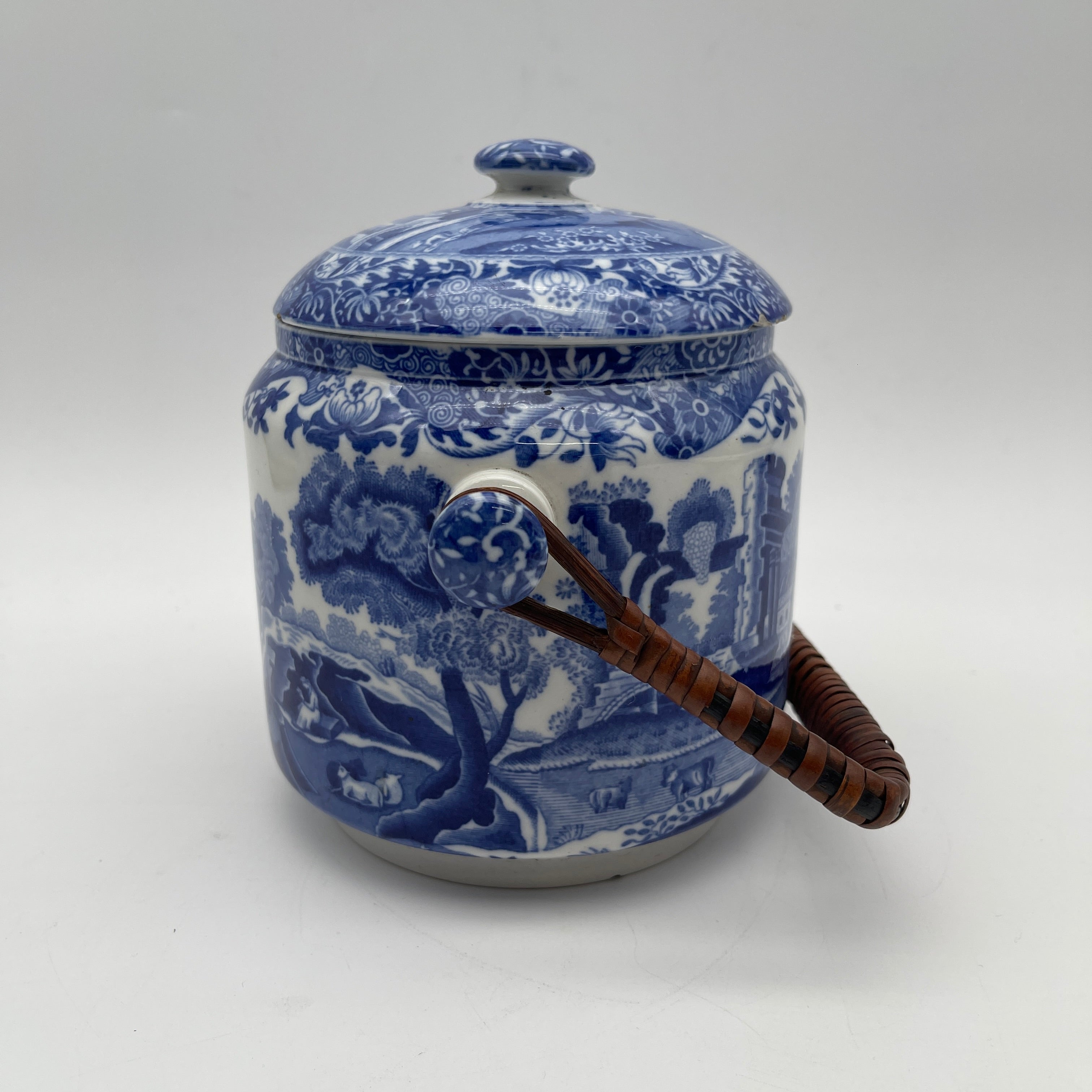 【アンティーク】 ビスケットジャー (蓋付き保存容器) / Spode (スポード) / Blue Italian / 1890-1920年代 / 陶器 / イギリス / ブルー&ホワイト, 銅版転写, 古代ローマ遺跡