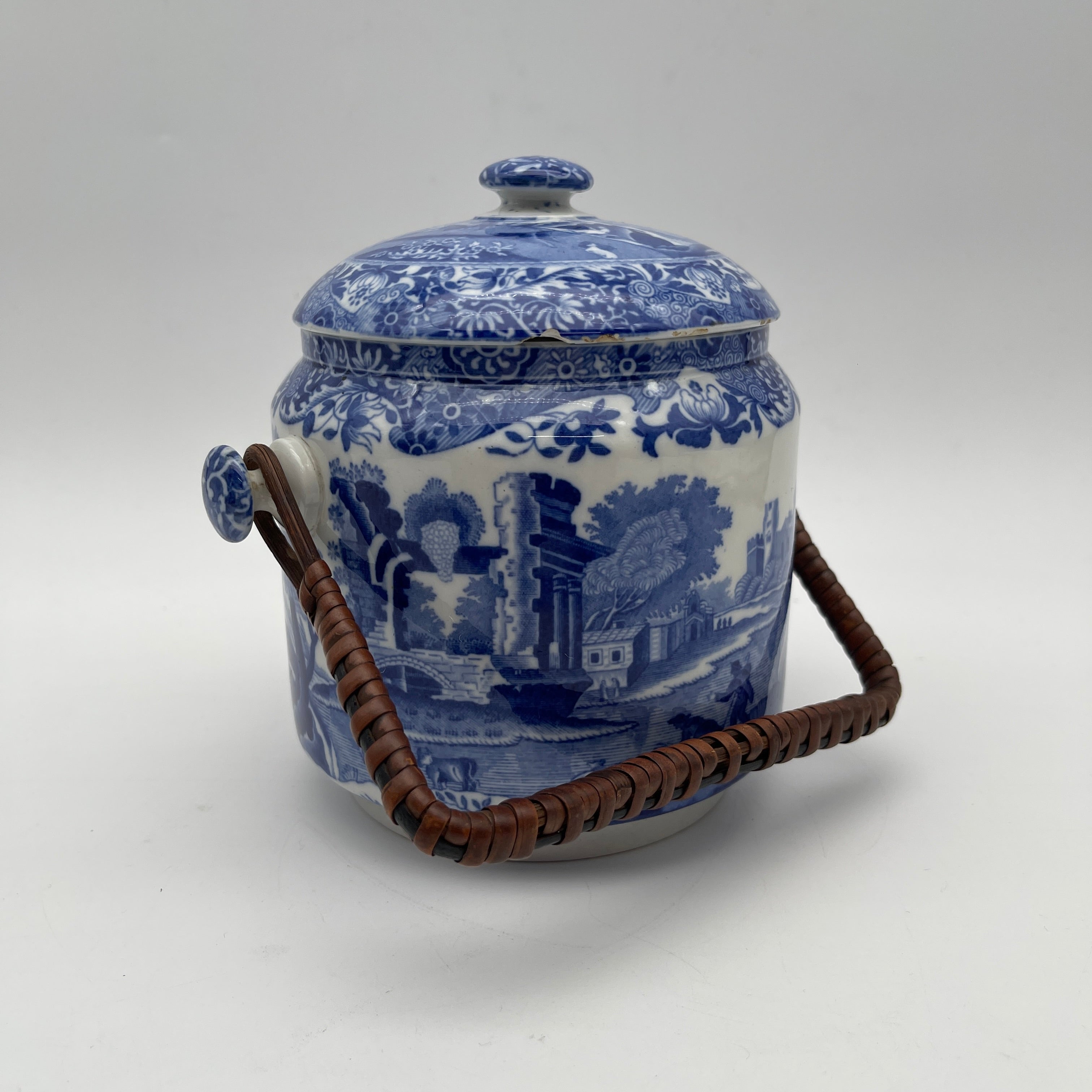 【アンティーク】 ビスケットジャー (蓋付き保存容器) / Spode (スポード) / Blue Italian / 1890-1920年代 / 陶器 / イギリス / ブルー&ホワイト, 銅版転写, 古代ローマ遺跡