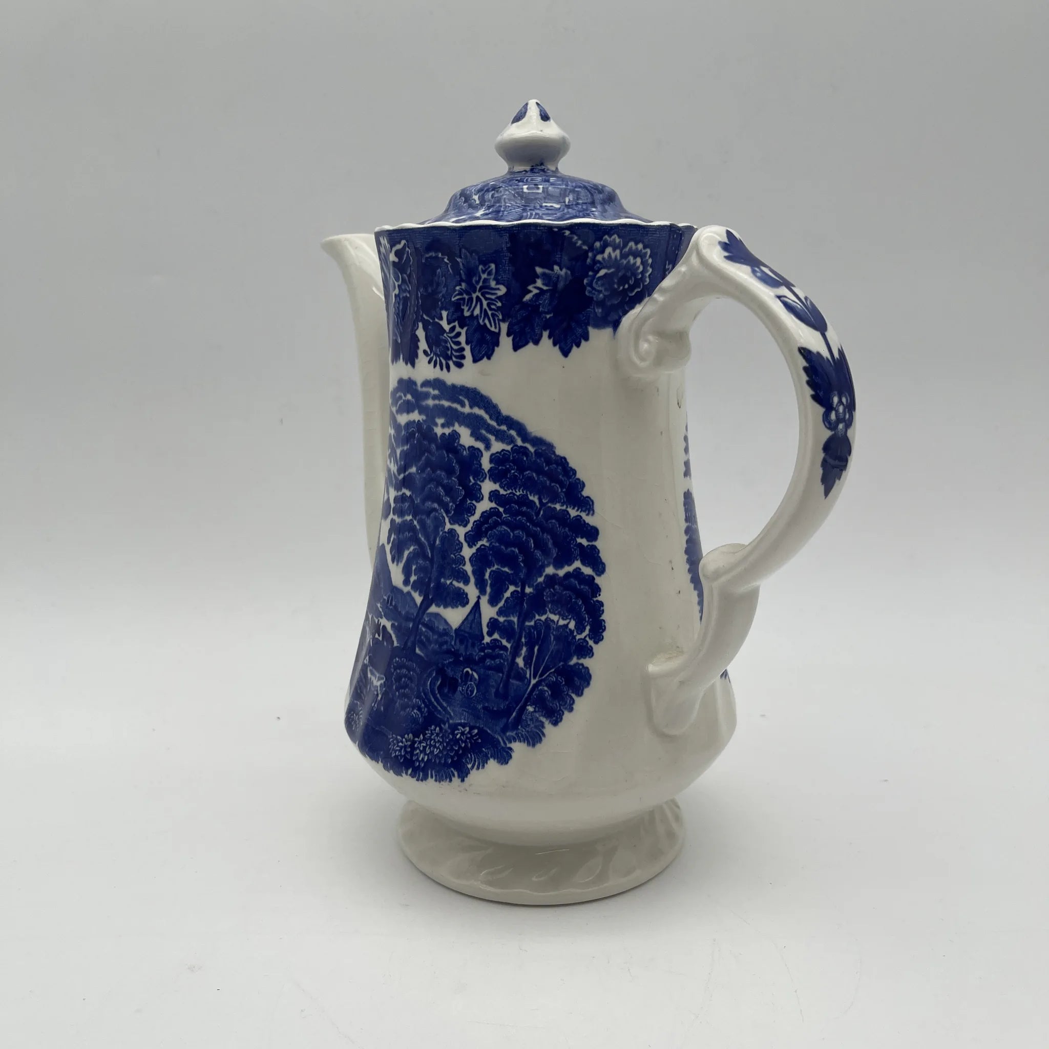 【ビンテージ】 コーヒーポット / Wood&Sons (ウッド&サンズ) / English Scenery / 1940-1960年代 (推定) / アイアンストーン / イギリス / ブルー&ホワイト, 銅版転写, 英国田園風景