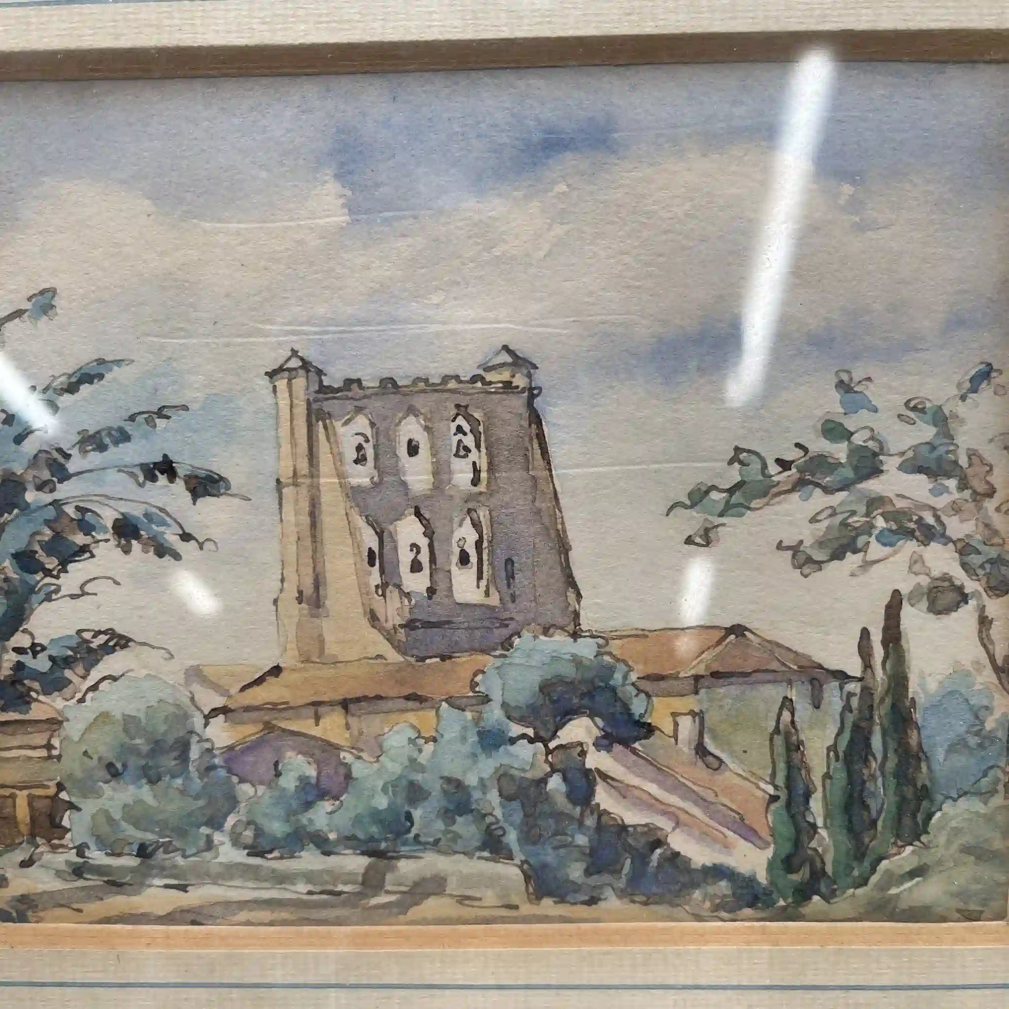 水彩画/ Victor Bonneterre /《The Belltower of The church of Montgiscard》/ 估计20c初/纸/法国