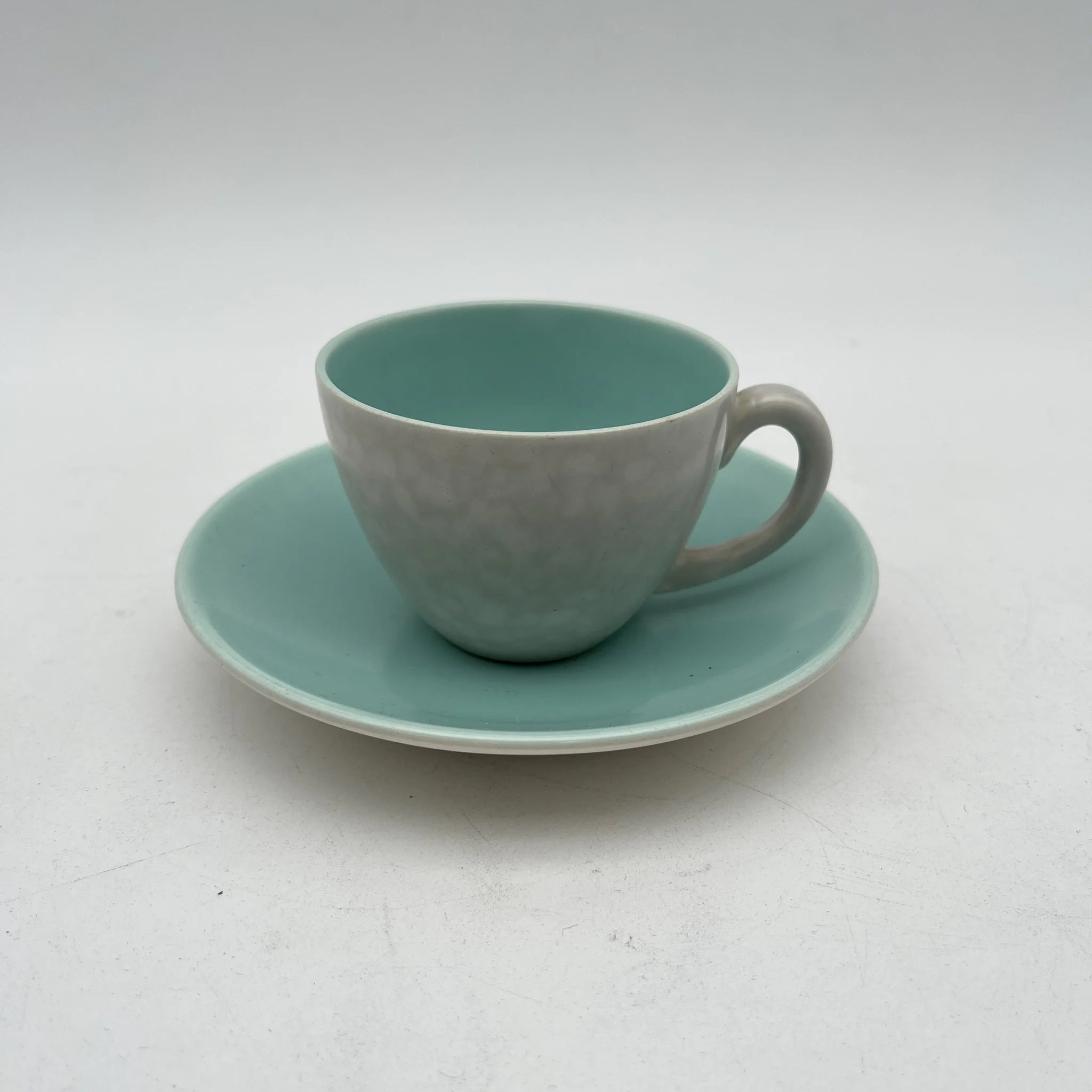 【葡萄酒】茶壶+杯子&碟子3p套装/ Poole Pottery(泳池壶)/ Twintone / Ice Green & Seagull / 1950-1960年代(估计)/陶器/英国/双色,斑点图案,海鸥蛋