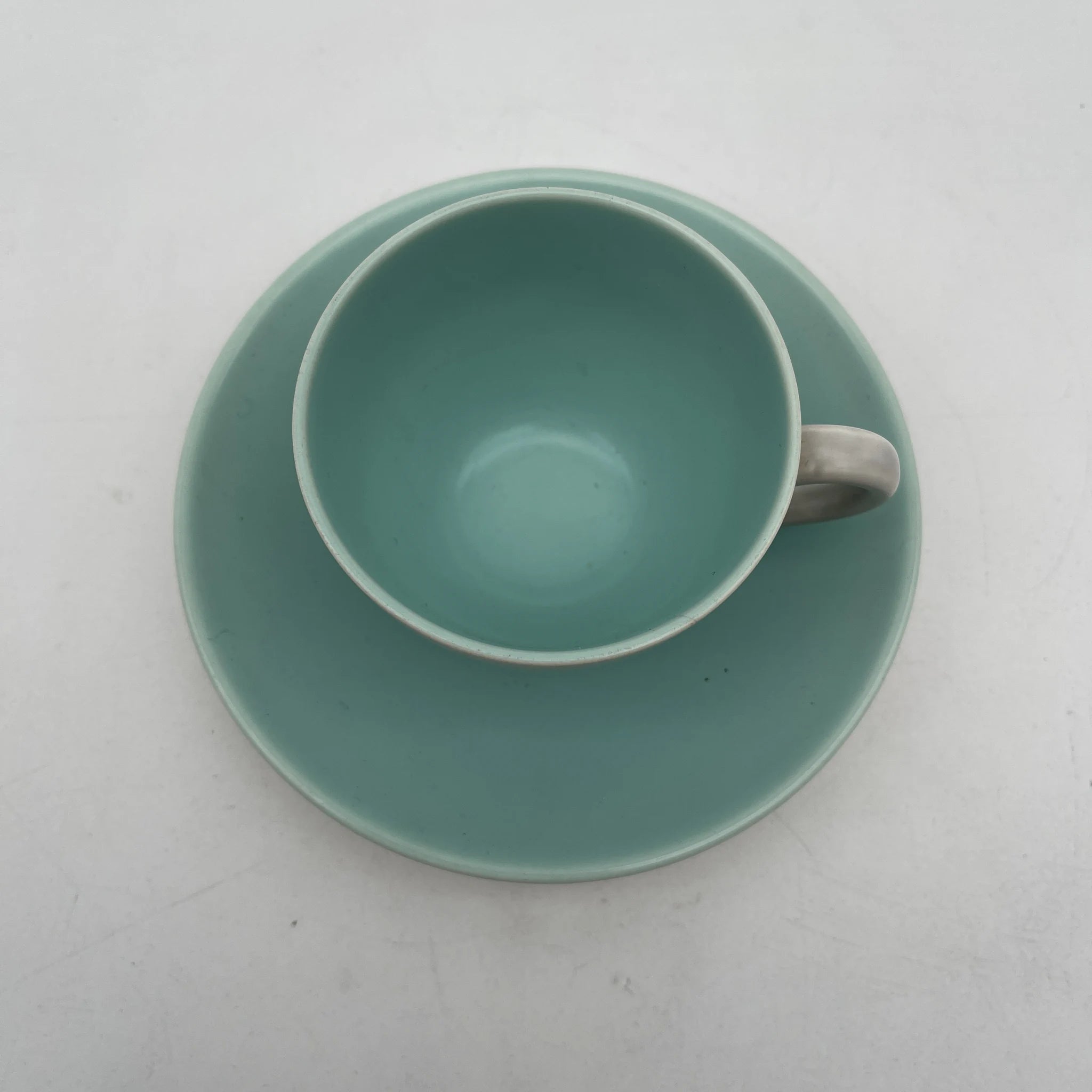 【葡萄酒】茶壶+杯子&碟子3p套装/ Poole Pottery(泳池壶)/ Twintone / Ice Green & Seagull / 1950-1960年代(估计)/陶器/英国/双色,斑点图案,海鸥蛋