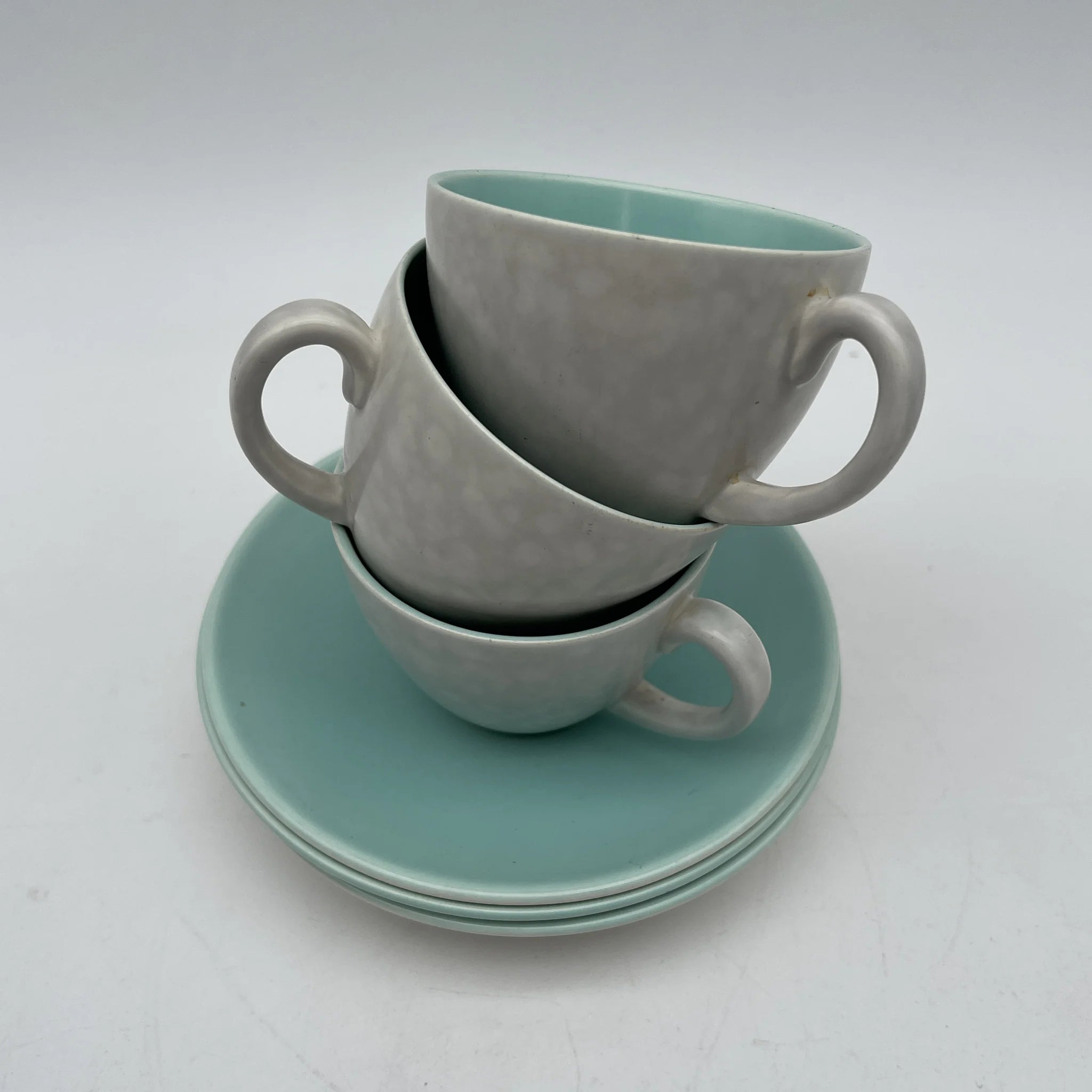 【葡萄酒】茶壶+杯子&碟子3p套装/ Poole Pottery(泳池壶)/ Twintone / Ice Green & Seagull / 1950-1960年代(估计)/陶器/英国/双色,斑点图案,海鸥蛋