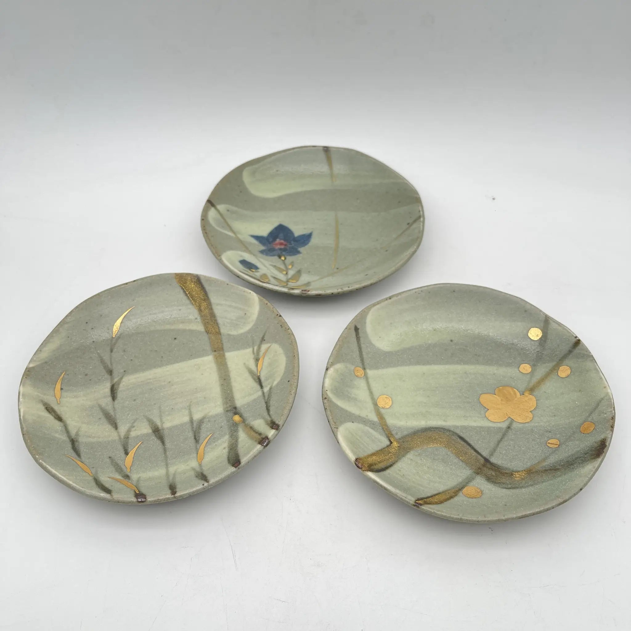【再利用】彩绘铭各皿5p /幸兵卫窑/美浓烧/陶器/日本/桔梗,菖蒲,松,竹,梅,箱付