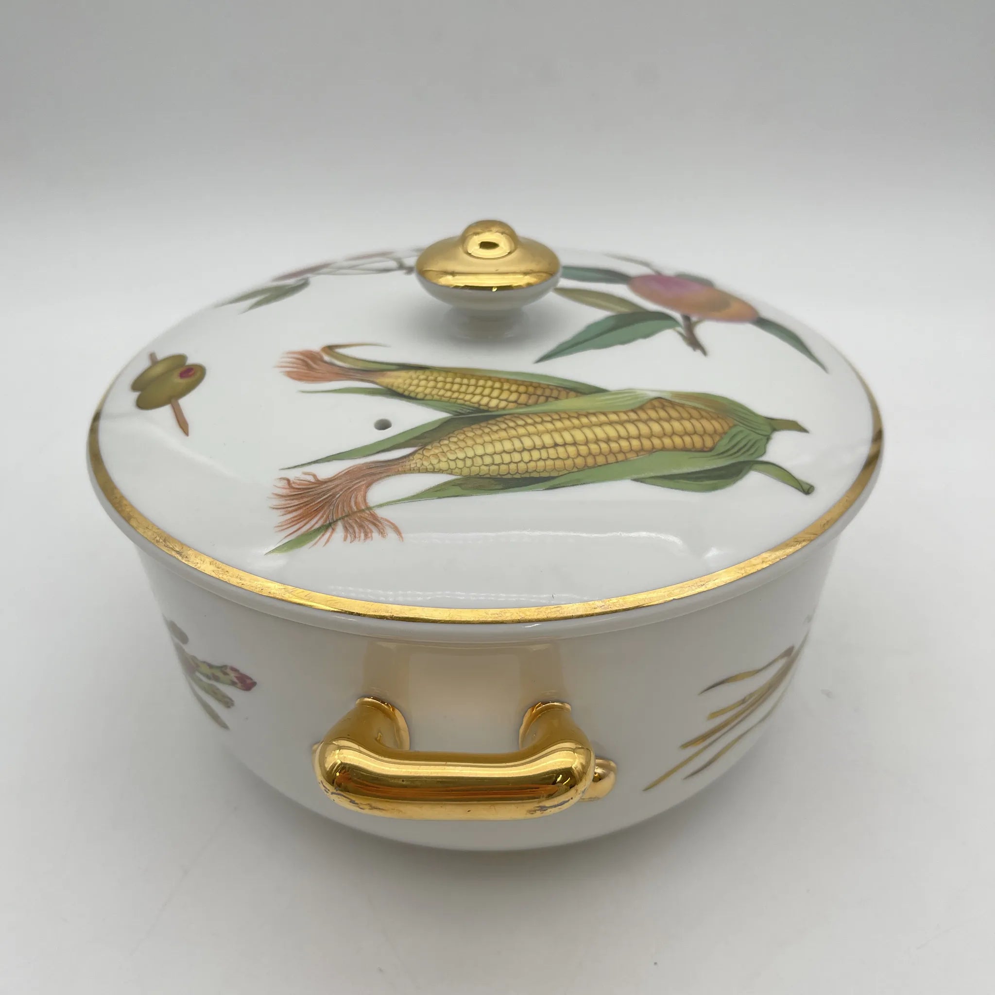【リユース】 キャセロール (蓋付き深型グラタン皿) / Royal Worcester / Evesham / 推定1980-90s / Bone China / イギリス / ボタニカルアート, 金彩