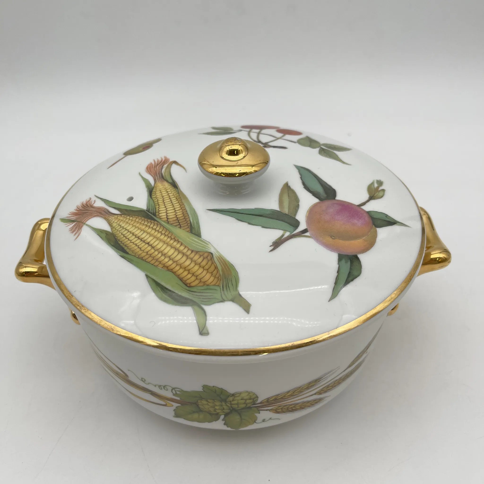 【リユース】 キャセロール (蓋付き深型グラタン皿) / Royal Worcester / Evesham / 推定1980-90s / Bone China / イギリス / ボタニカルアート, 金彩