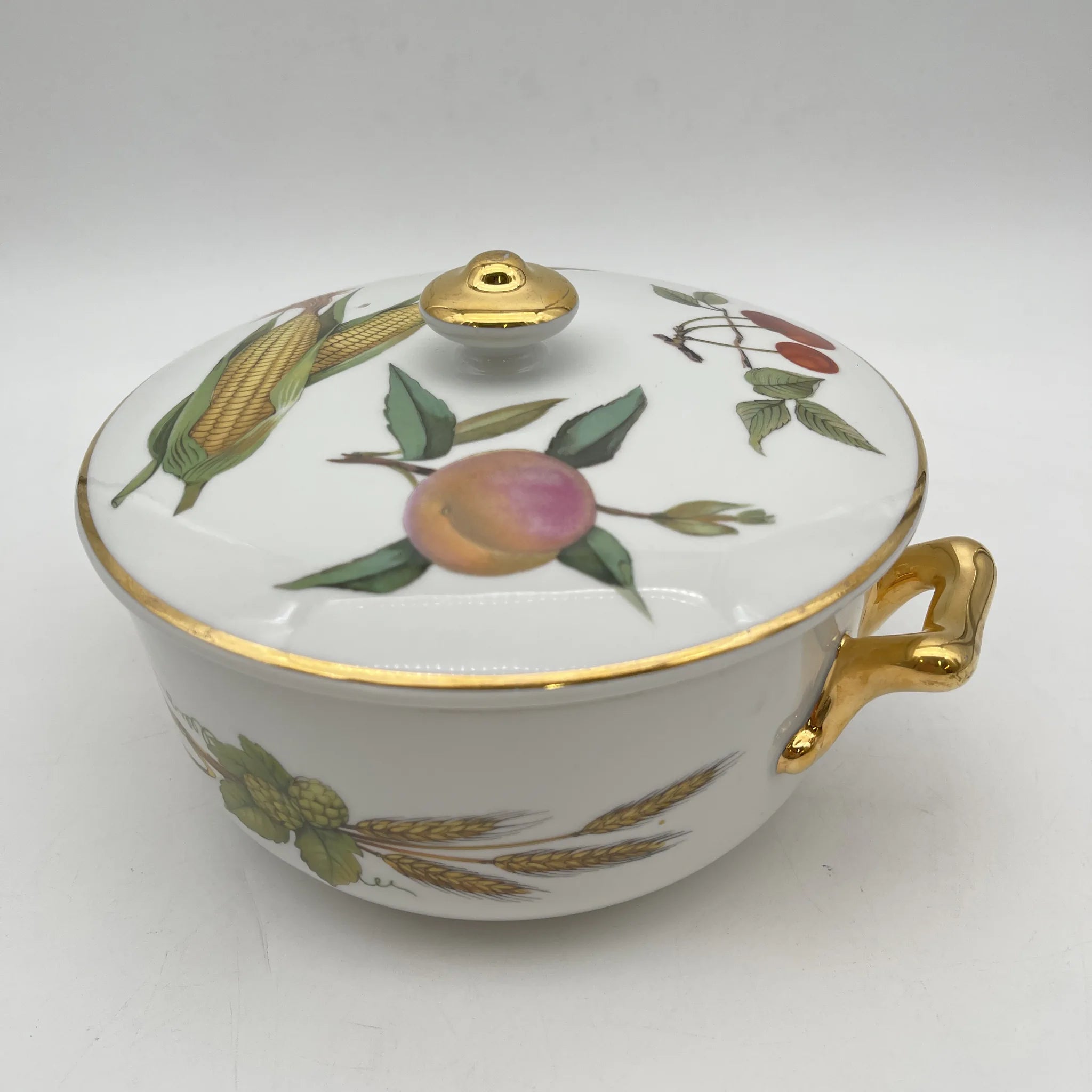 【リユース】 キャセロール (蓋付き深型グラタン皿) / Royal Worcester / Evesham / 推定1980-90s / Bone China / イギリス / ボタニカルアート, 金彩
