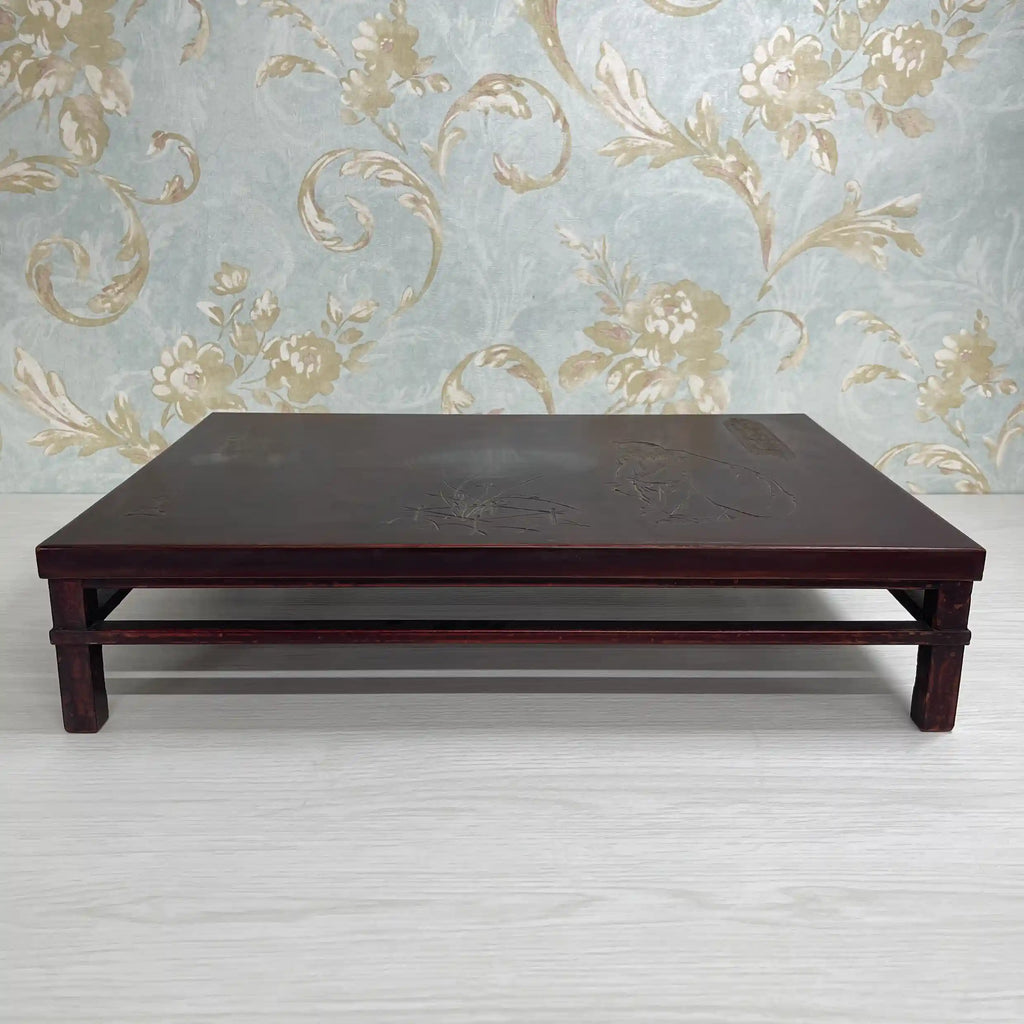 時代物 総漆塗り 座卓 テーブル 骨董品 明治 アンティーク家具 松齋 / 平卓 / 高士観蘭図 / 明治時代〜昭和初期 / 日本 / 花台, 文台