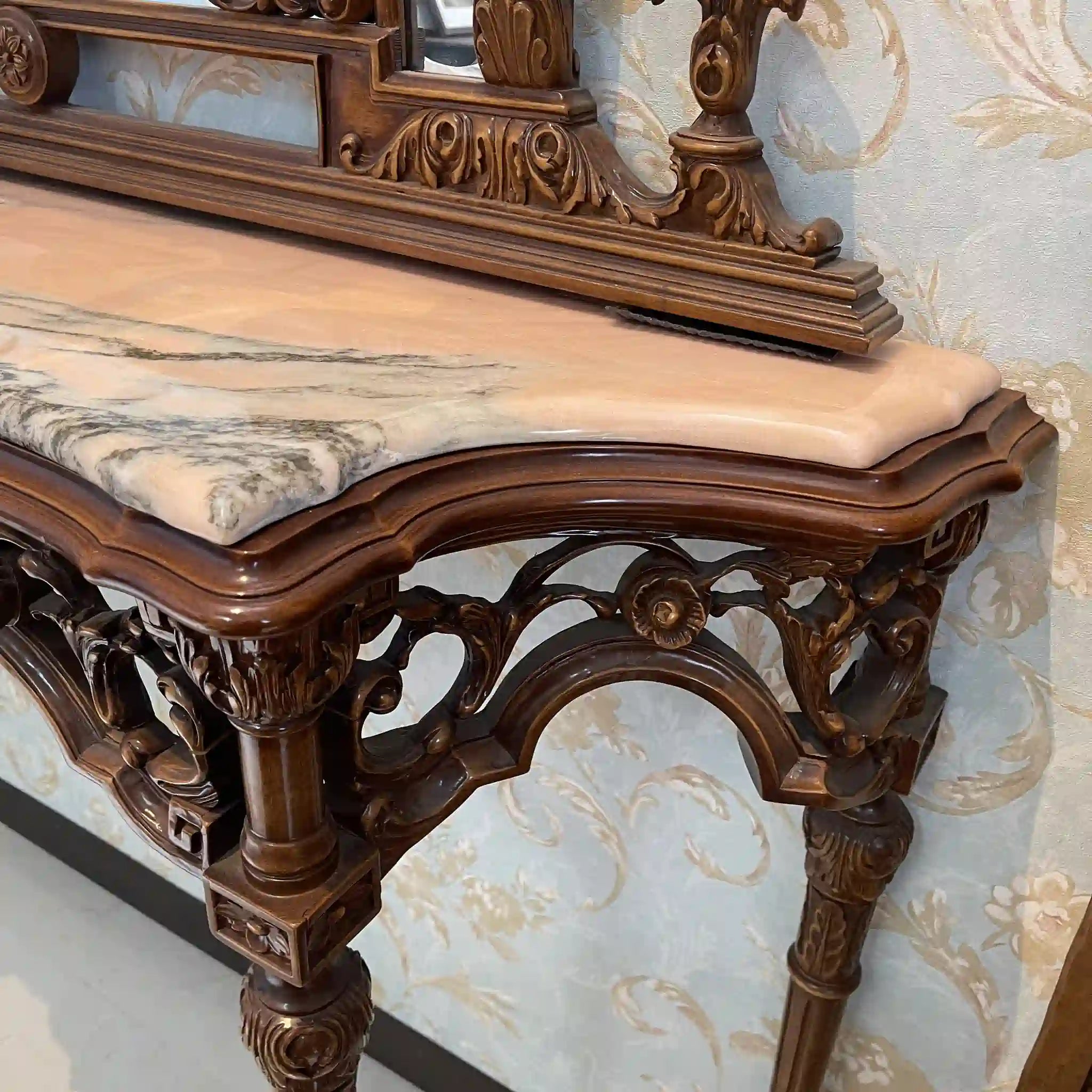 【アンティーク】 ミラーコンソールテーブル / ジョージアン様式 / 20世紀 / ビーチ材 / イタリア / フルーティングレッグ,手彫り,