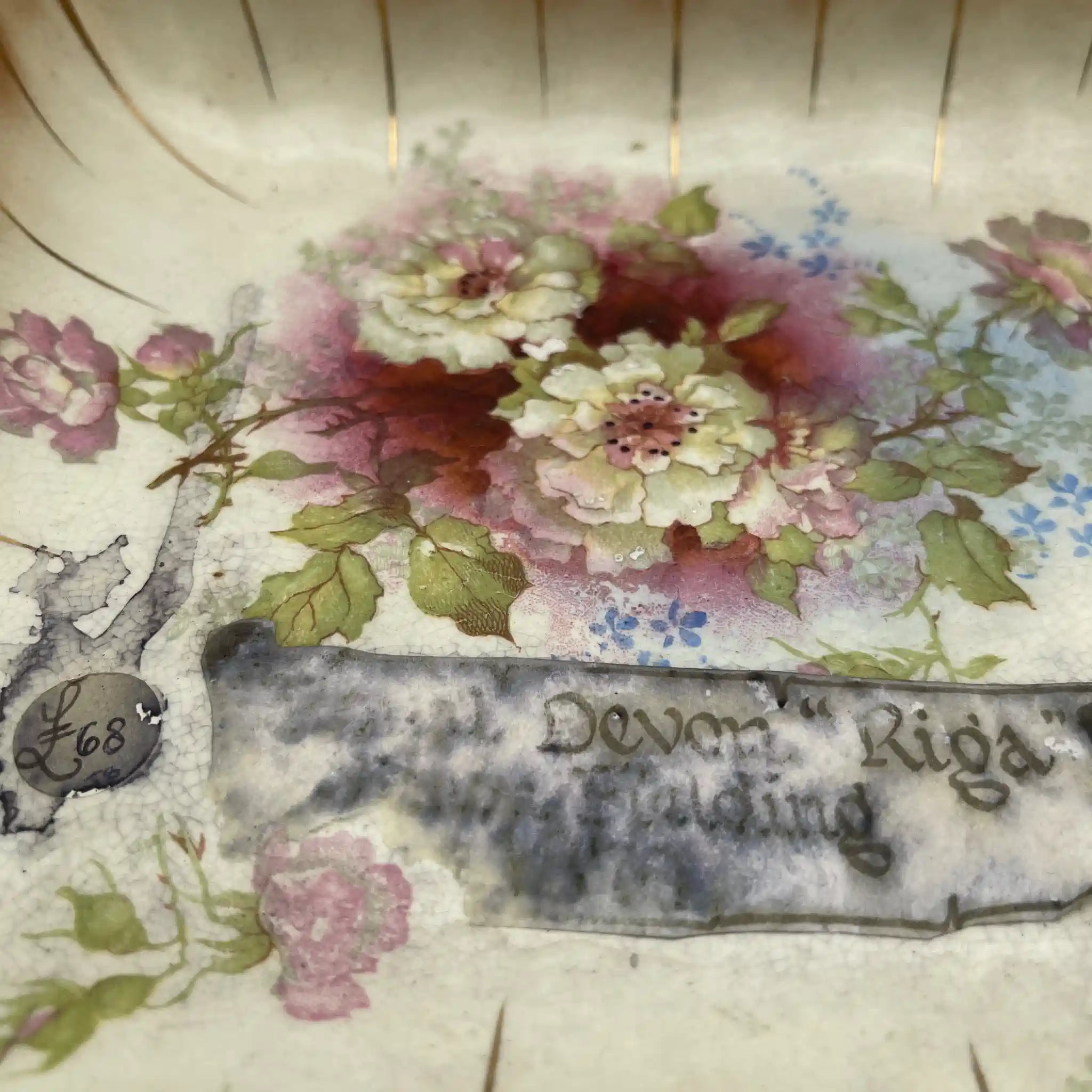 【アンティーク】 スクエアプレート (角皿) / Crown Devon (クラウンデボン) / Riga / 1890-1910年代 / 陶器 / イギリス / 銅板転写, 手彩色 金彩