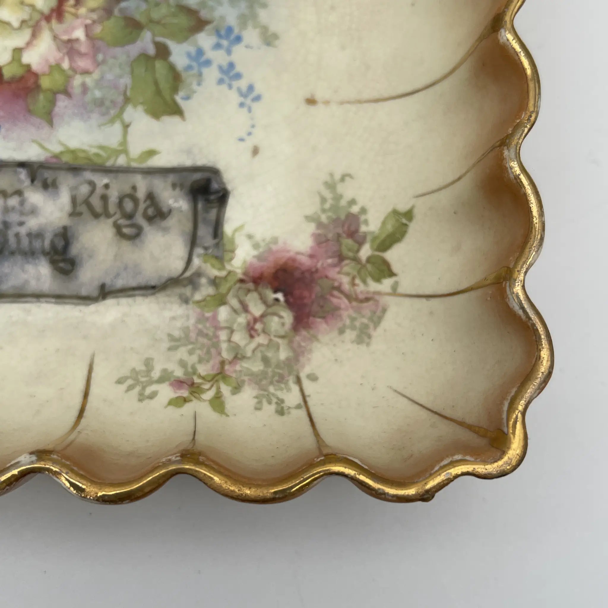 【アンティーク】 スクエアプレート (角皿) / Crown Devon (クラウンデボン) / Riga / 1890-1910年代 / 陶器 / イギリス / 銅板転写, 手彩色 金彩