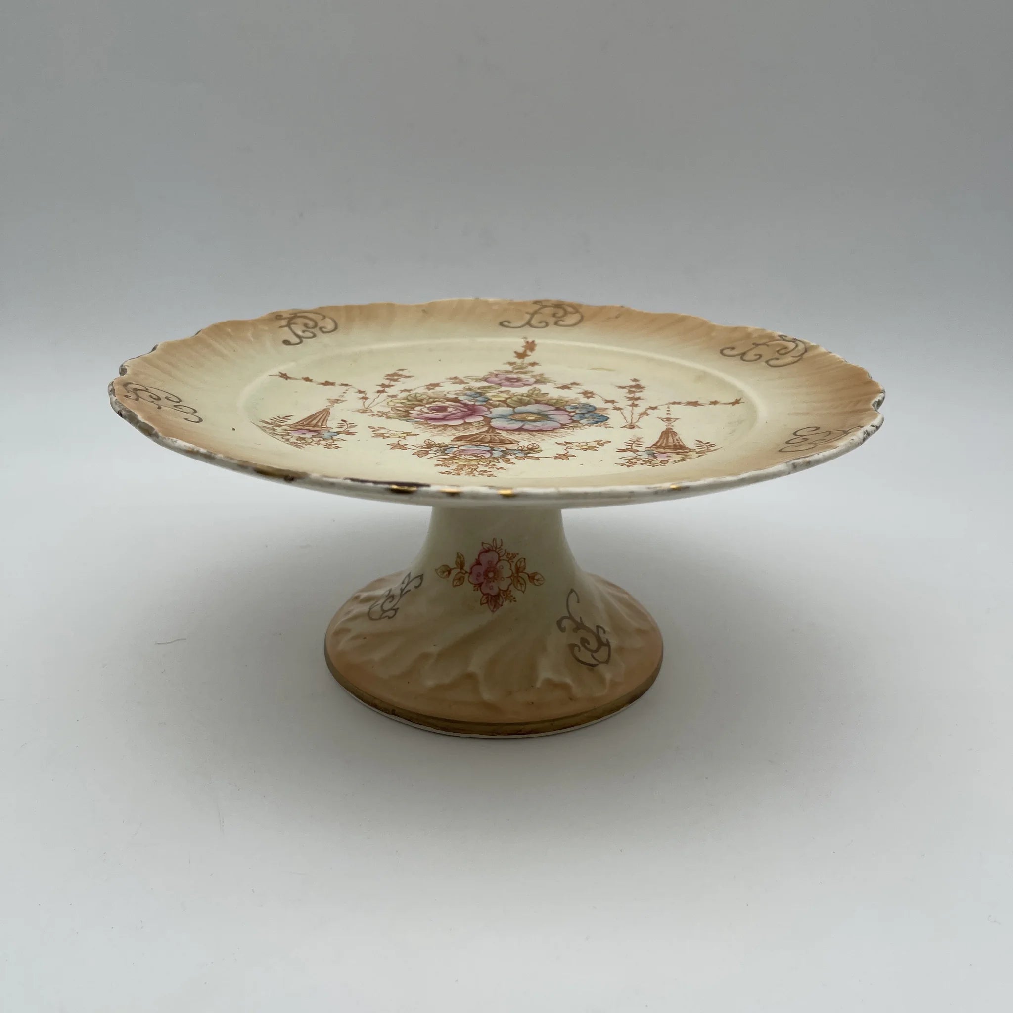 【アンティーク】 コンポート (高台皿) / Crown Devon (クラウンデボン) / Spring / 1910-1920年代 / 陶器 / イギリス / 銅板転写, 手彩色 金彩