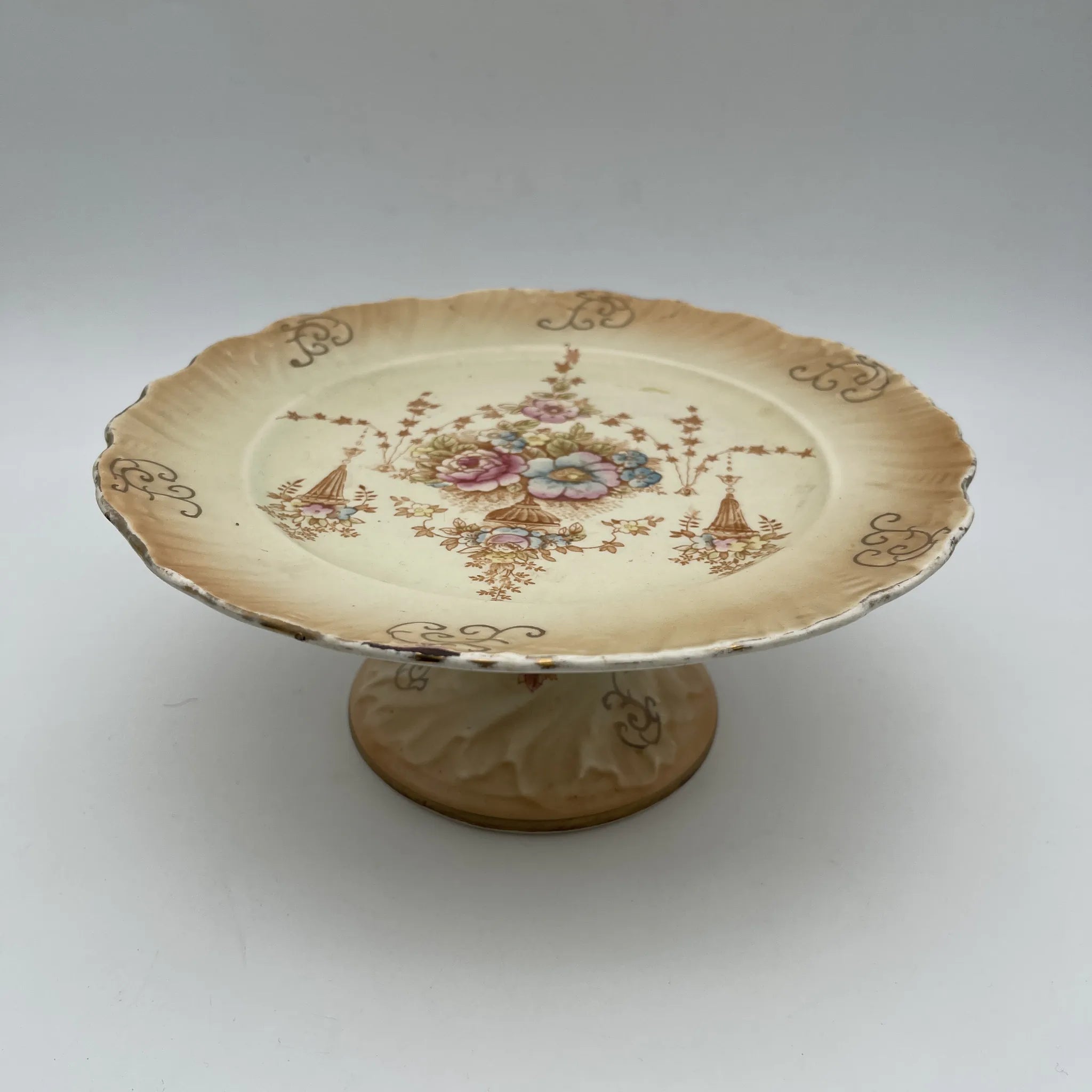 【アンティーク】 コンポート (高台皿) / Crown Devon (クラウンデボン) / Spring / 1910-1920年代 / 陶器 / イギリス / 銅板転写, 手彩色 金彩