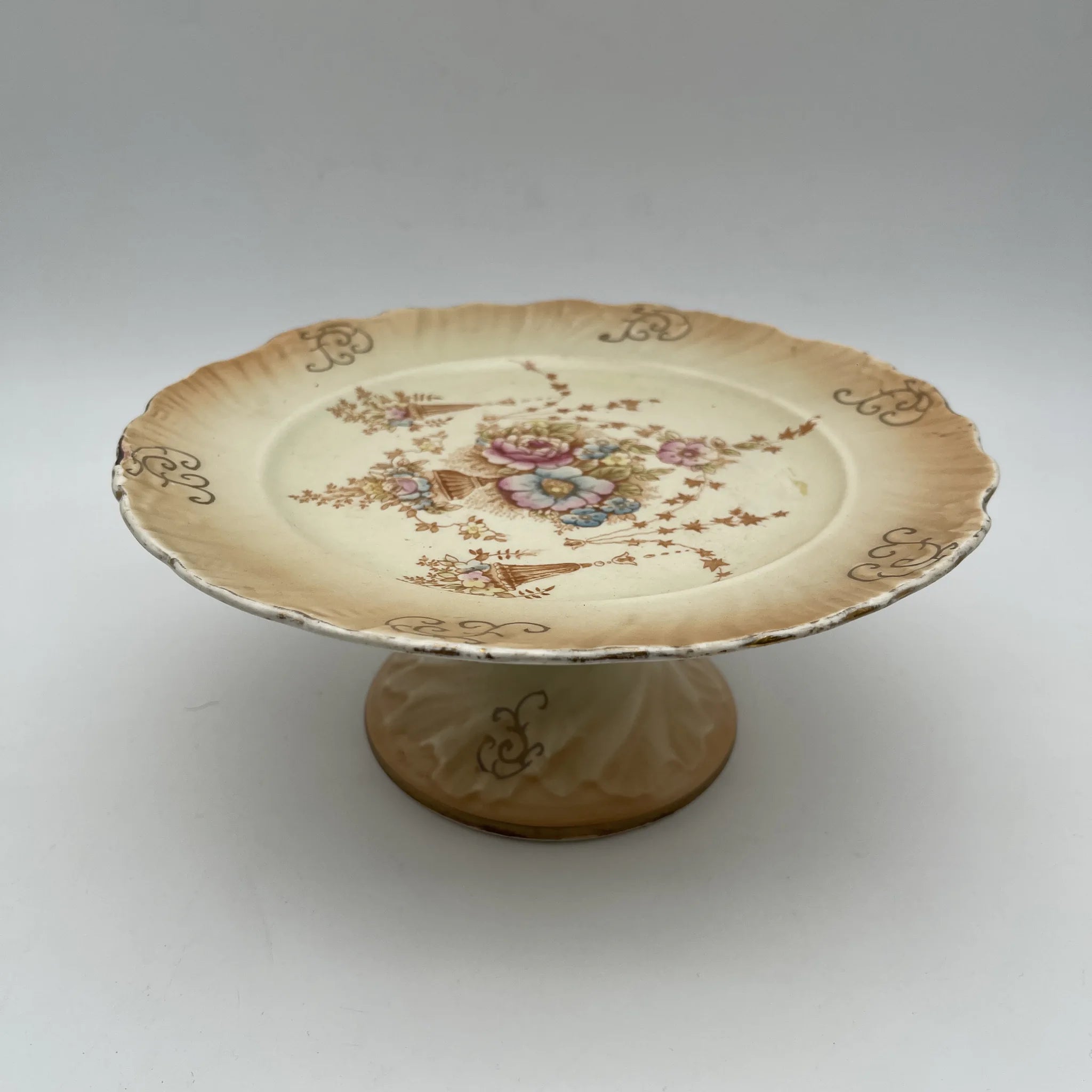 【アンティーク】 コンポート (高台皿) / Crown Devon (クラウンデボン) / Spring / 1910-1920年代 / 陶器 / イギリス / 銅板転写, 手彩色 金彩