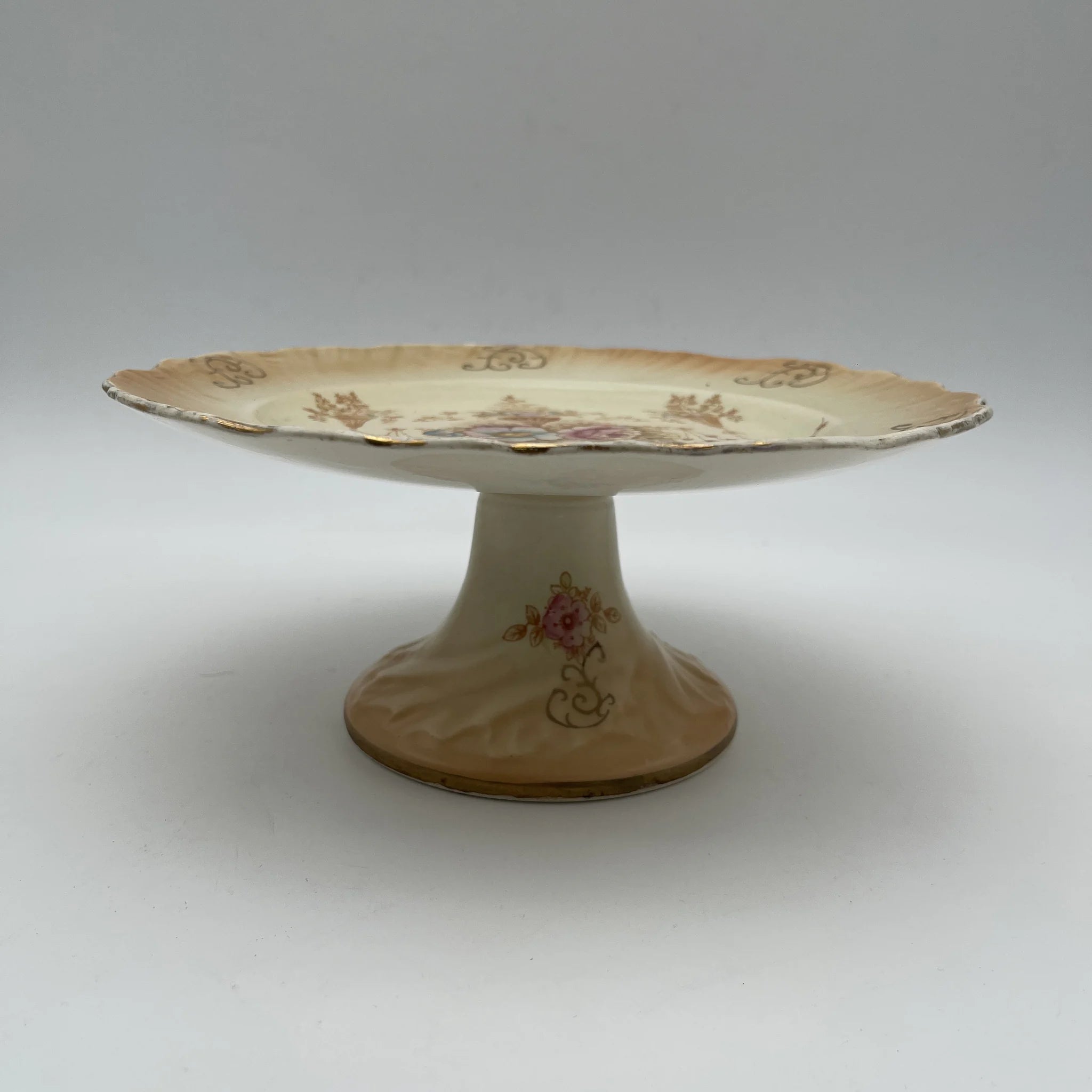 【アンティーク】 コンポート (高台皿) / Crown Devon (クラウンデボン) / Spring / 1910-1920年代 / 陶器 / イギリス / 銅板転写, 手彩色 金彩