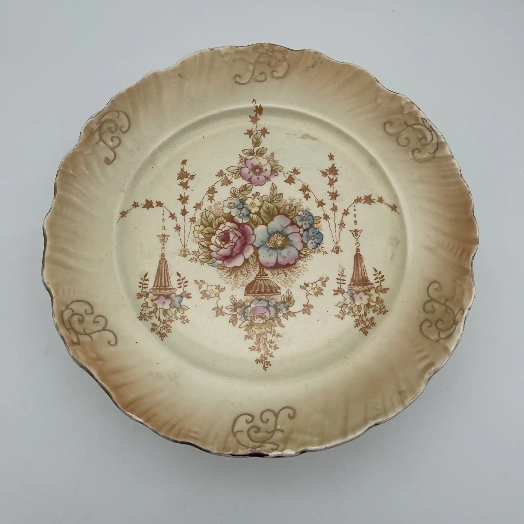 【アンティーク】 コンポート (高台皿) / Crown Devon (クラウンデボン) / Spring / 1910-1920年代 / 陶器 / イギリス / 銅板転写, 手彩色 金彩