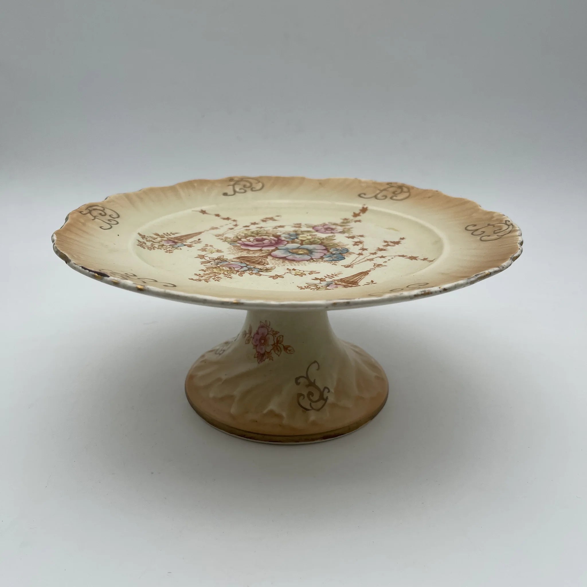 【アンティーク】 コンポート (高台皿) / Crown Devon (クラウンデボン) / Spring / 1910-1920年代 / 陶器 / イギリス / 銅板転写, 手彩色 金彩