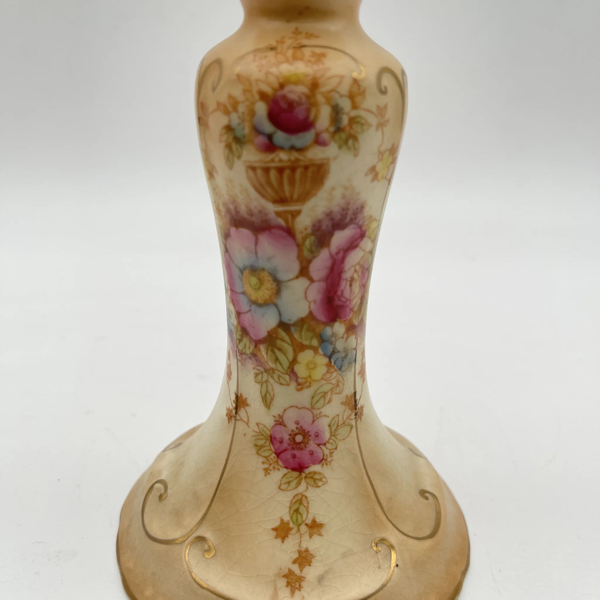 【アンティーク】 キャンドルスタンド (燭台) / Crown Devon (クラウンデボン) / 1910-1920年代 (推定) / 陶器 / イギリス / 銅板転写, 手彩色 金彩