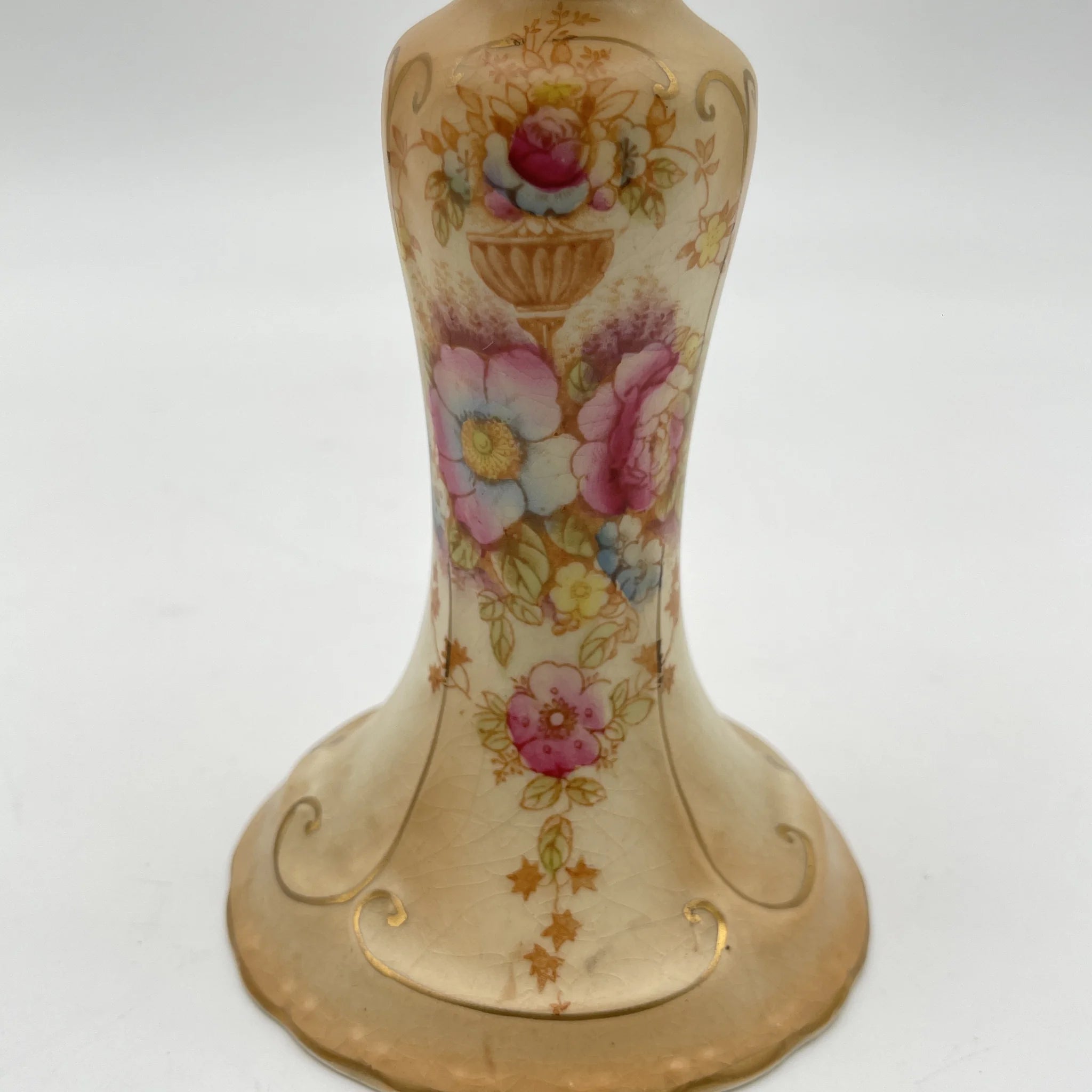 【アンティーク】 キャンドルスタンド (燭台) / Crown Devon (クラウンデボン) / 1910-1920年代 (推定) / 陶器 / イギリス / 銅板転写, 手彩色 金彩