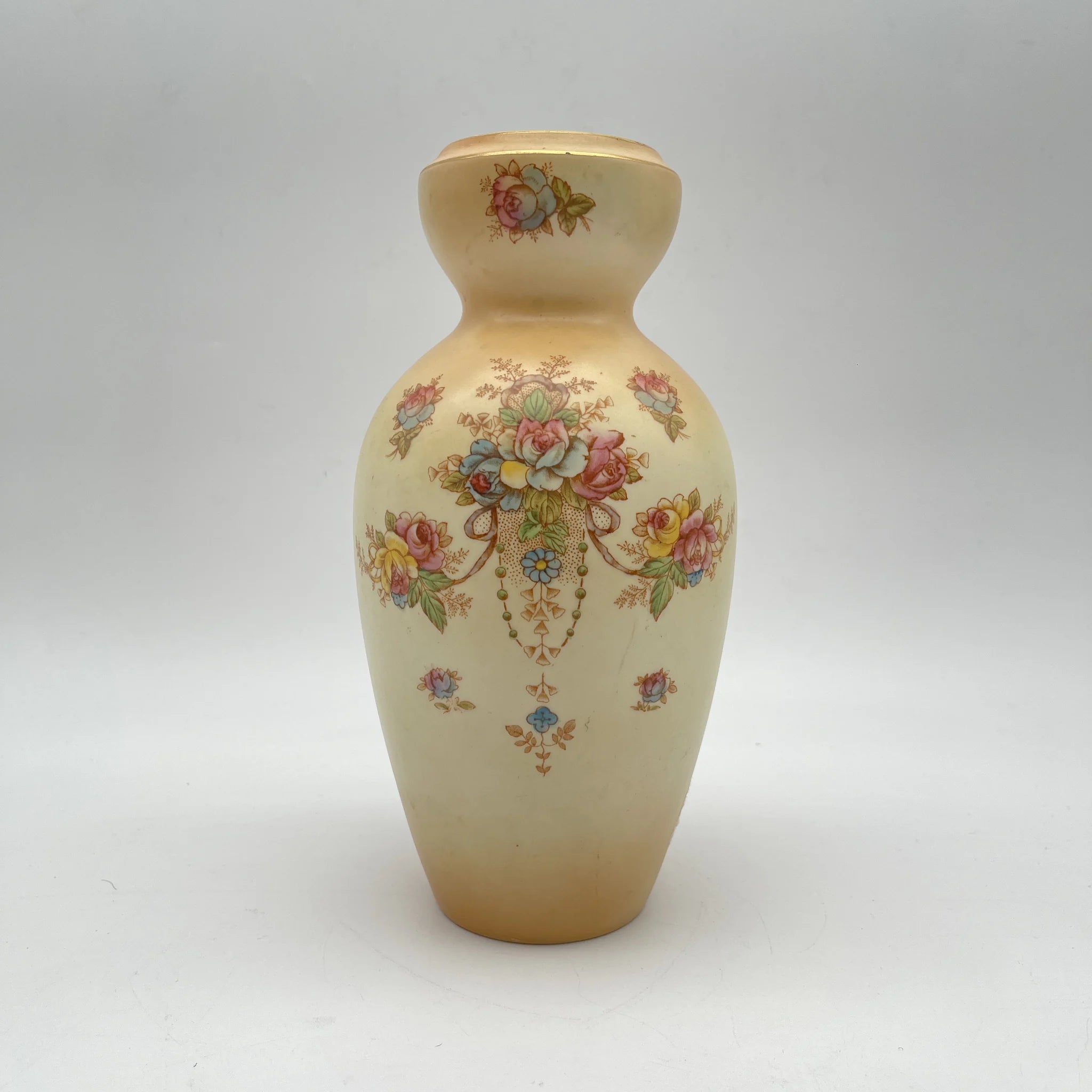 【アンティーク】 フラワーベース (花瓶) / Crown Devon (クラウンデボン) / Wye / 1910年代 / 陶器 / イギリス / 銅板転写, 手彩色 金彩