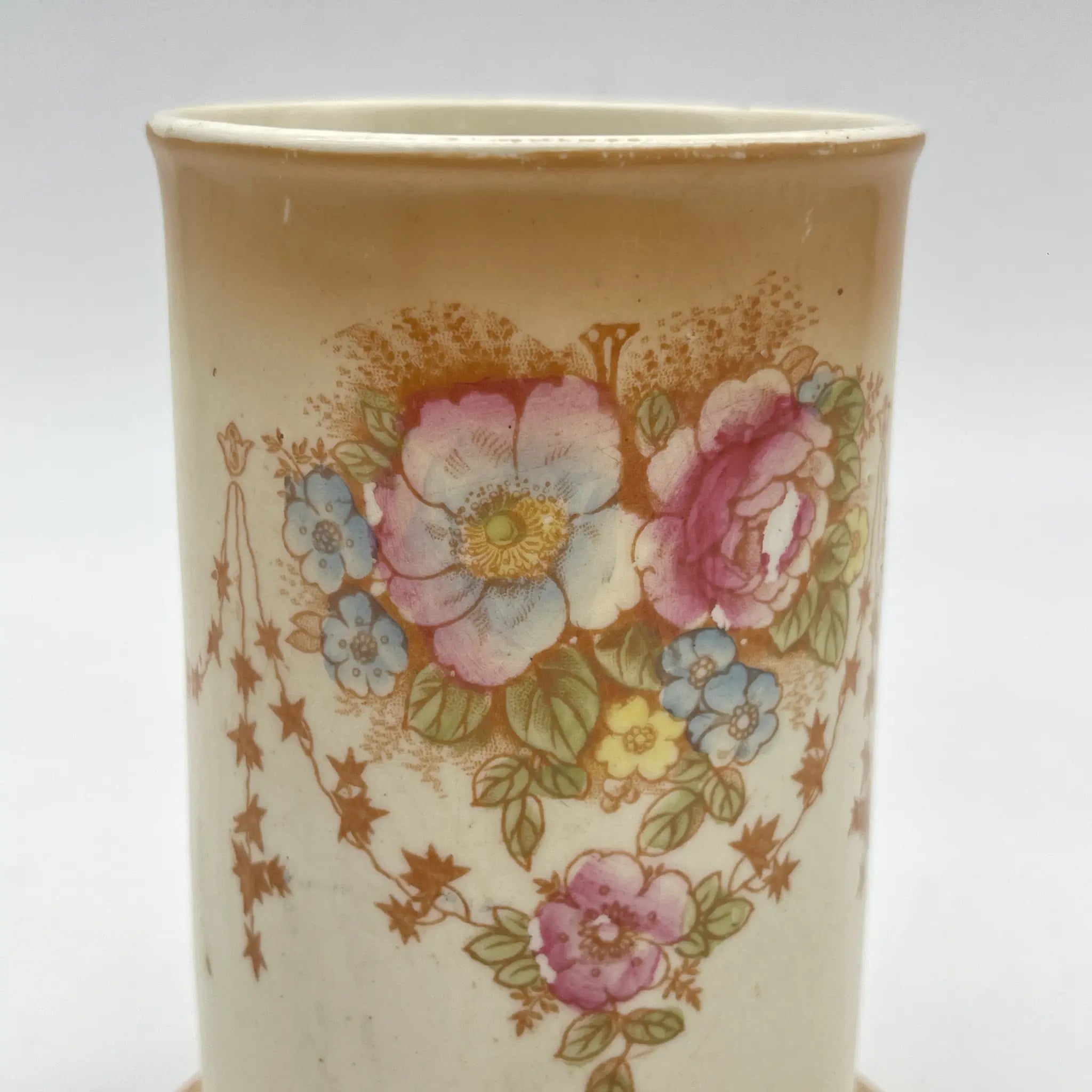 【アンティーク】 フラワーベース (花瓶) / Crown Devon (クラウンデボン) / 1910年代 / 陶器 / イギリス / 銅板転写, 手彩色