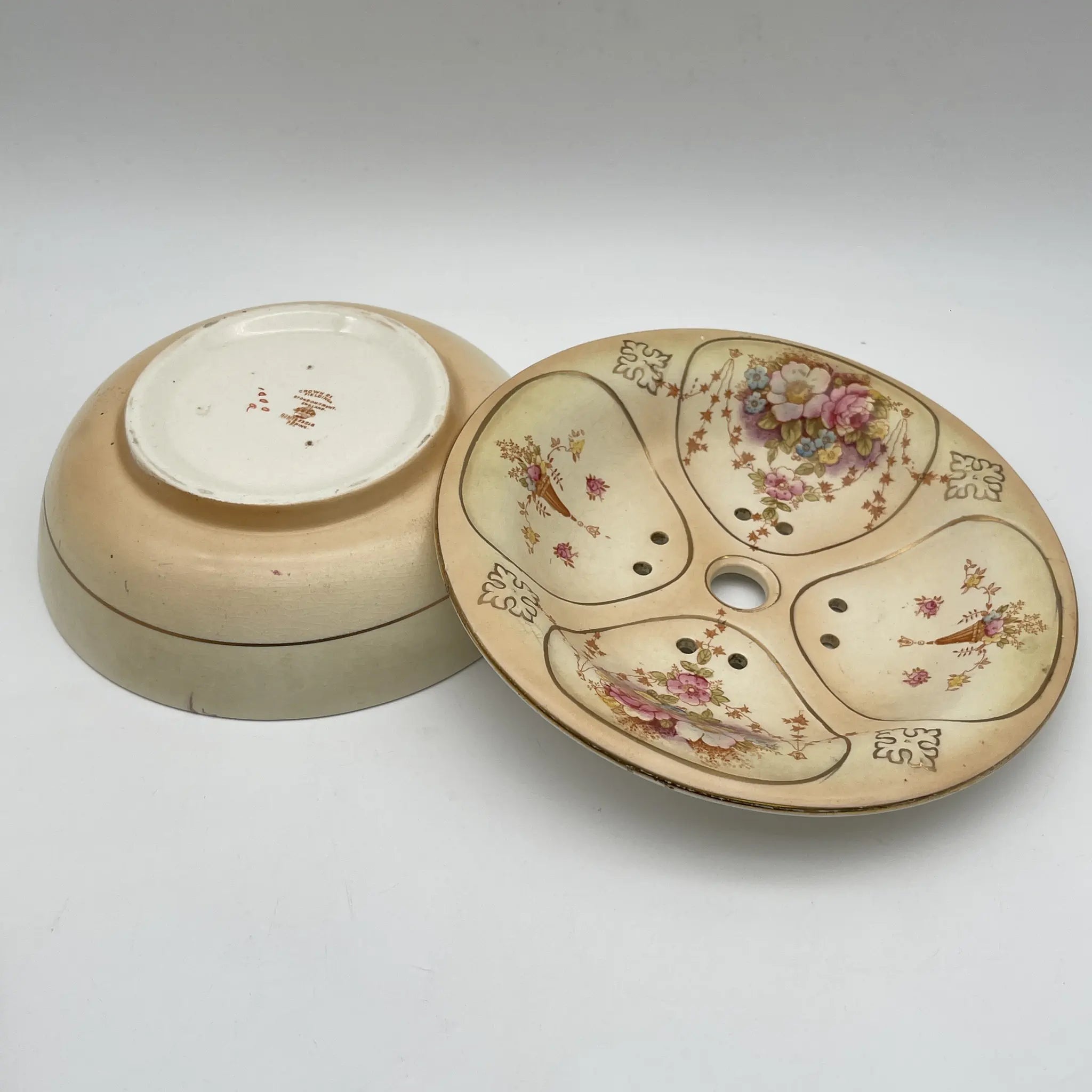 【アンティーク】 ソープディッシュ / Crown Devon (クラウンデボン) / Spring / 1910-1920年代 / 陶器 / イギリス / 銅板転写, 手彩色 金彩