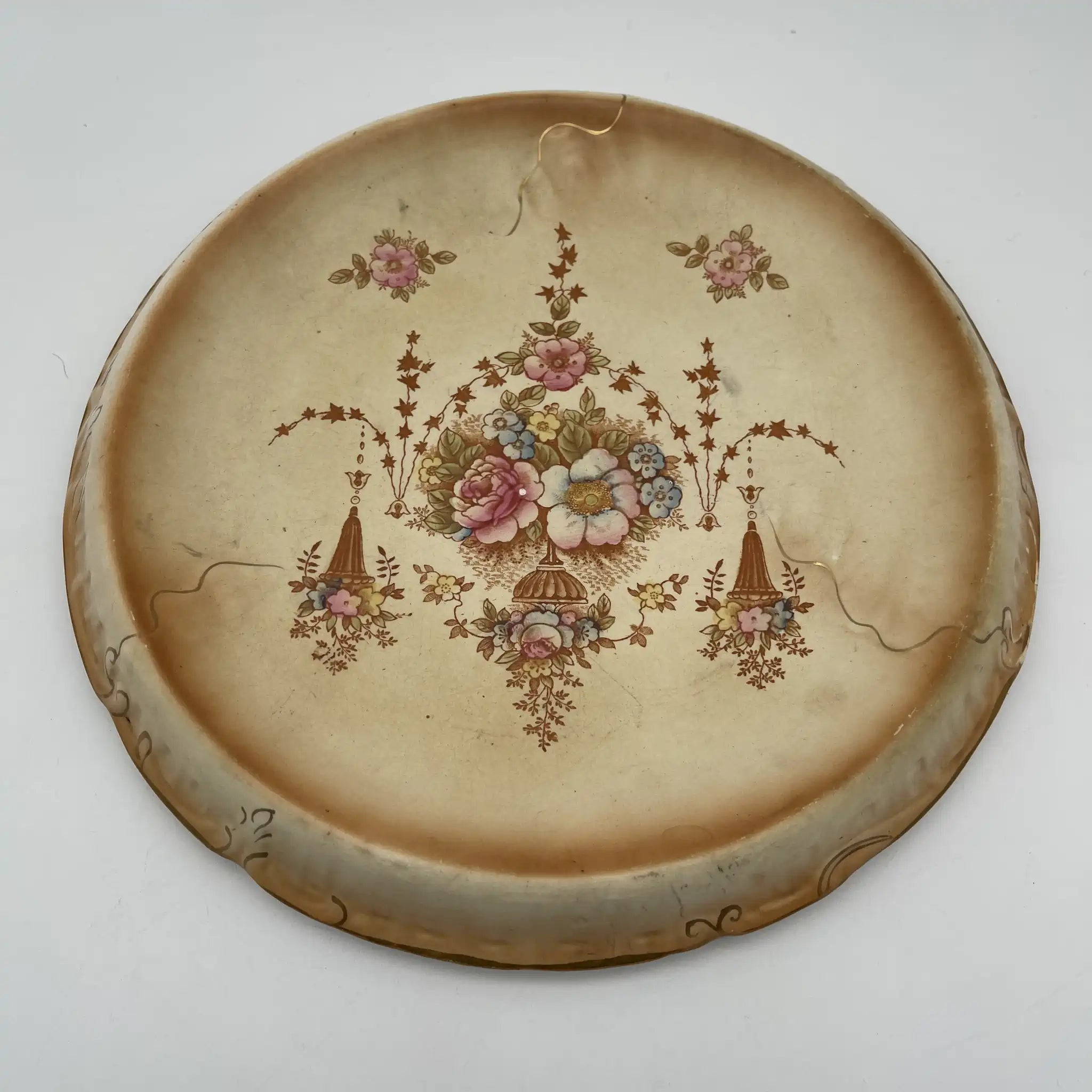 【アンティーク】 チーズスタンド (ケーキスタンド) / Crown Devon (クラウンデボン) / Spring / 1910-1920年代 / 陶器 / イギリス / 銅板転写, 手彩色 金彩