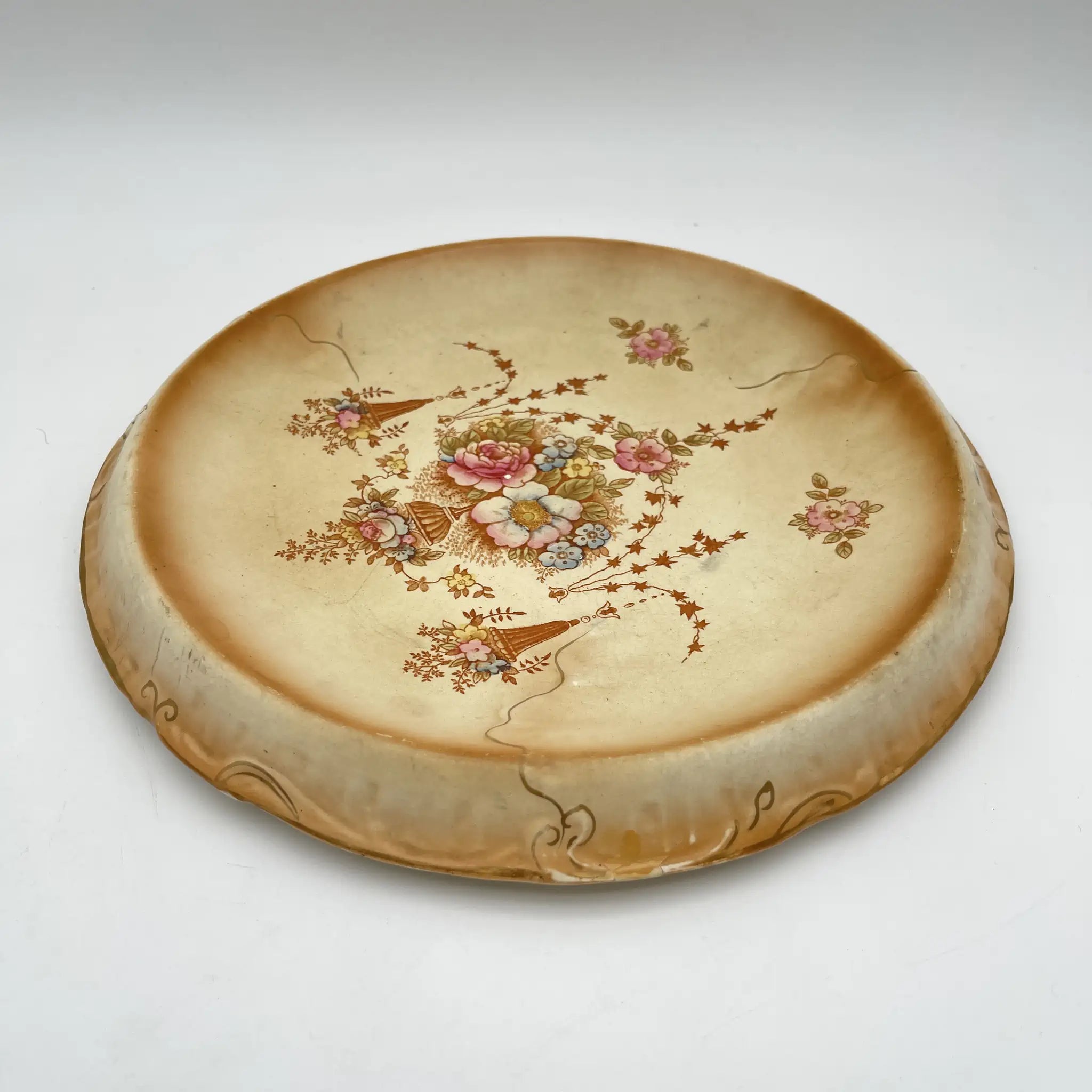 【アンティーク】 チーズスタンド (ケーキスタンド) / Crown Devon (クラウンデボン) / Spring / 1910-1920年代 / 陶器 / イギリス / 銅板転写, 手彩色 金彩