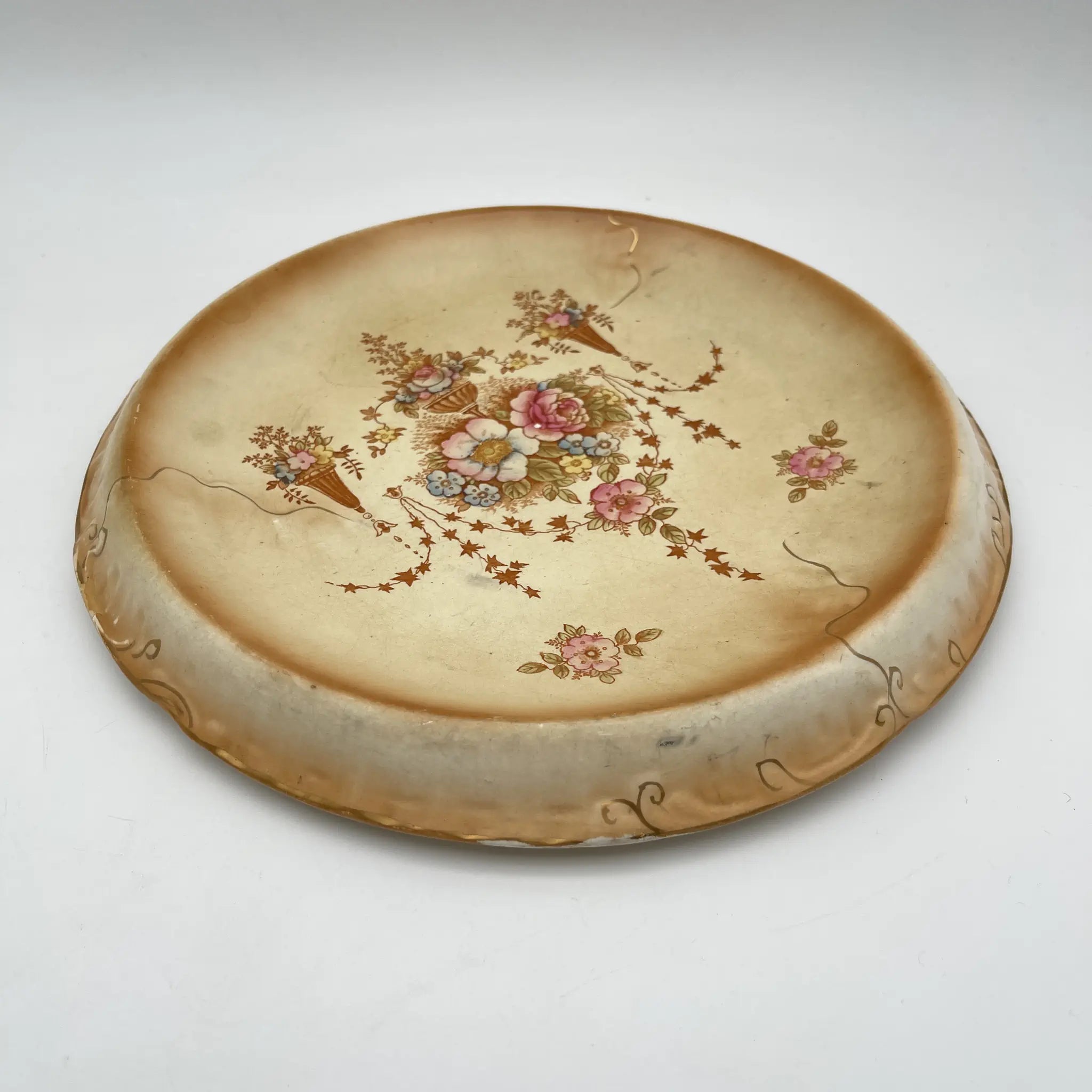 【アンティーク】 チーズスタンド (ケーキスタンド) / Crown Devon (クラウンデボン) / Spring / 1910-1920年代 / 陶器 / イギリス / 銅板転写, 手彩色 金彩