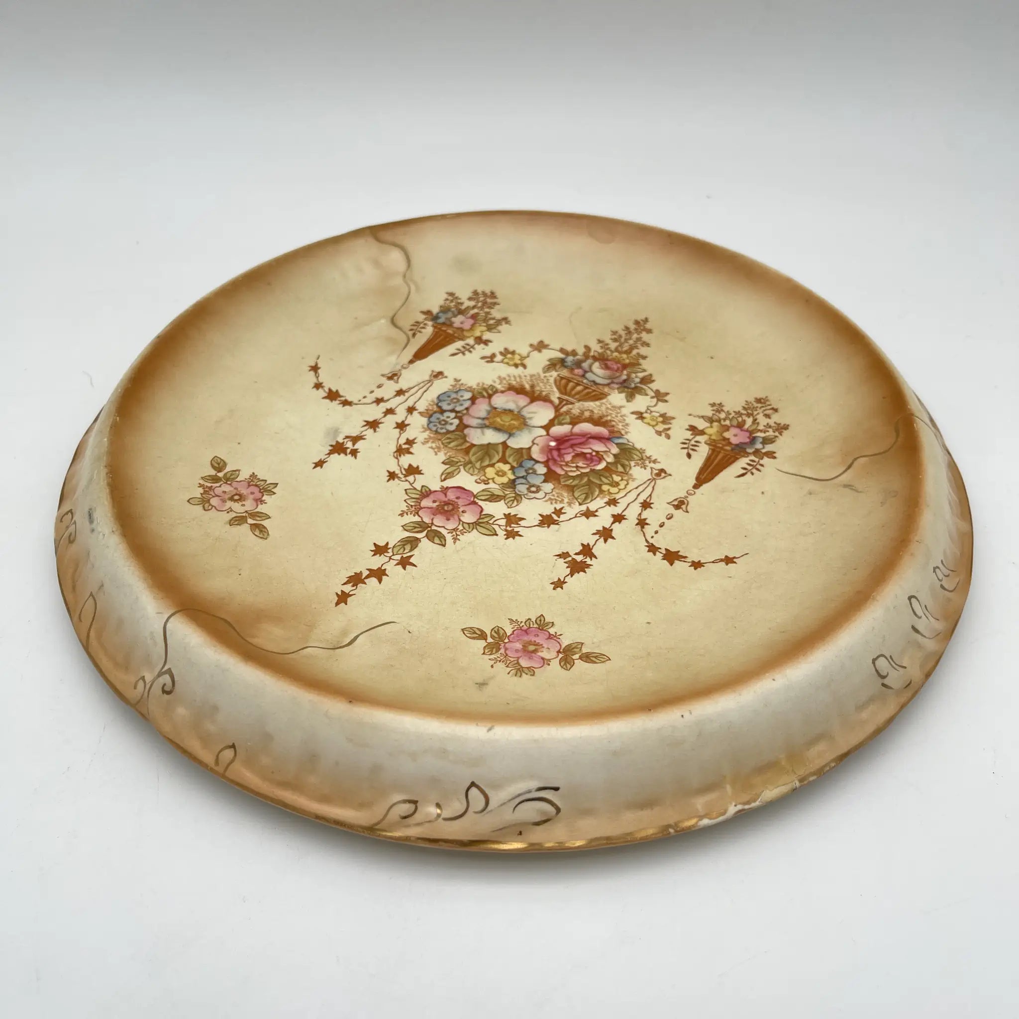 【アンティーク】 チーズスタンド (ケーキスタンド) / Crown Devon (クラウンデボン) / Spring / 1910-1920年代 / 陶器 / イギリス / 銅板転写, 手彩色 金彩