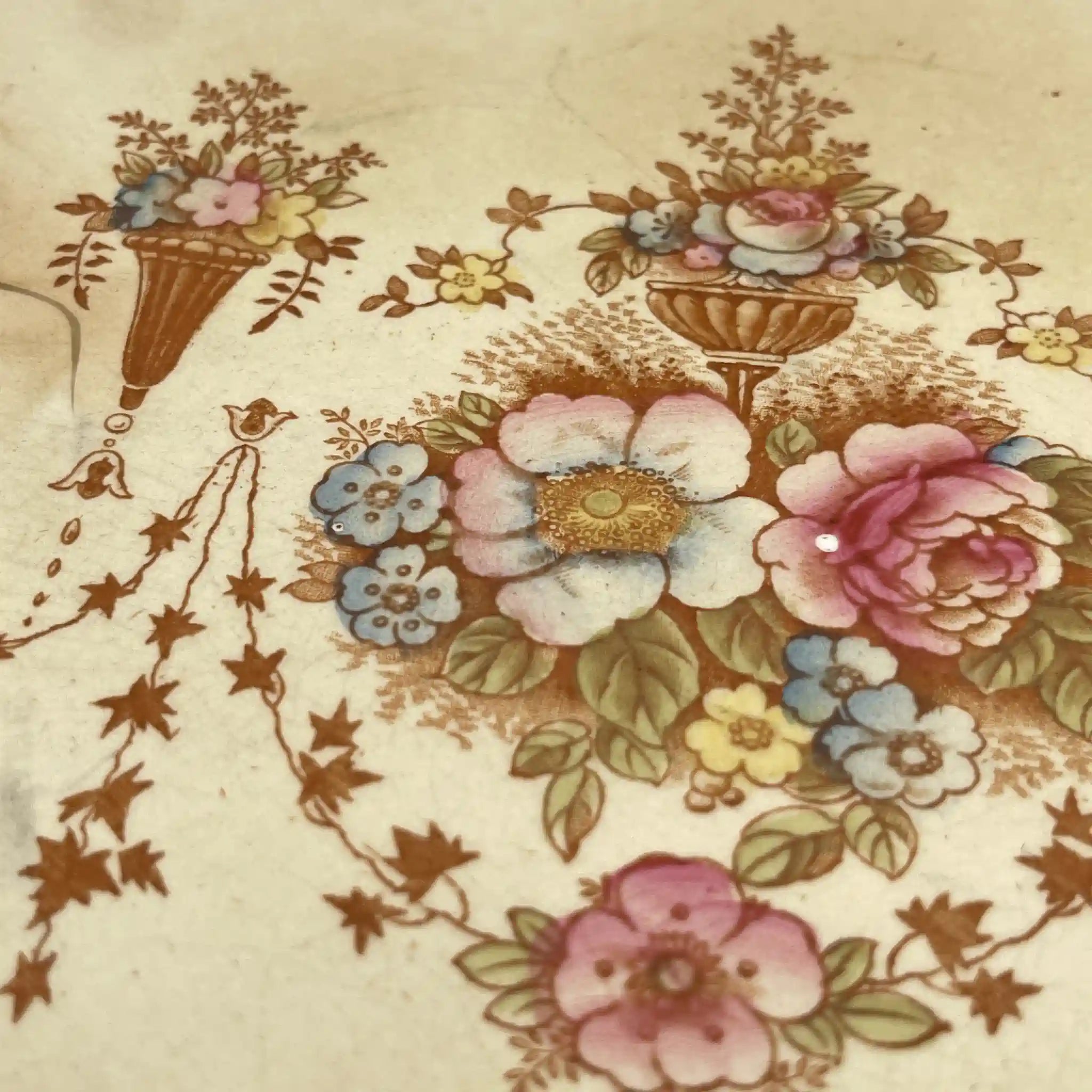 【アンティーク】 チーズスタンド (ケーキスタンド) / Crown Devon (クラウンデボン) / Spring / 1910-1920年代 / 陶器 / イギリス / 銅板転写, 手彩色 金彩