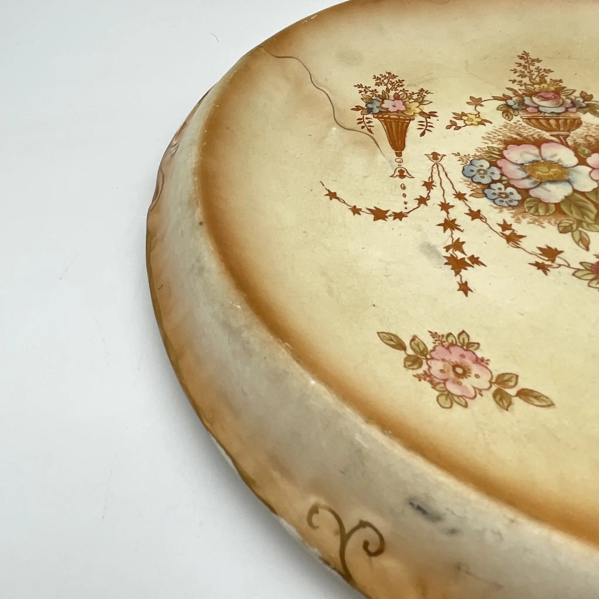 【アンティーク】 チーズスタンド (ケーキスタンド) / Crown Devon (クラウンデボン) / Spring / 1910-1920年代 / 陶器 / イギリス / 銅板転写, 手彩色 金彩