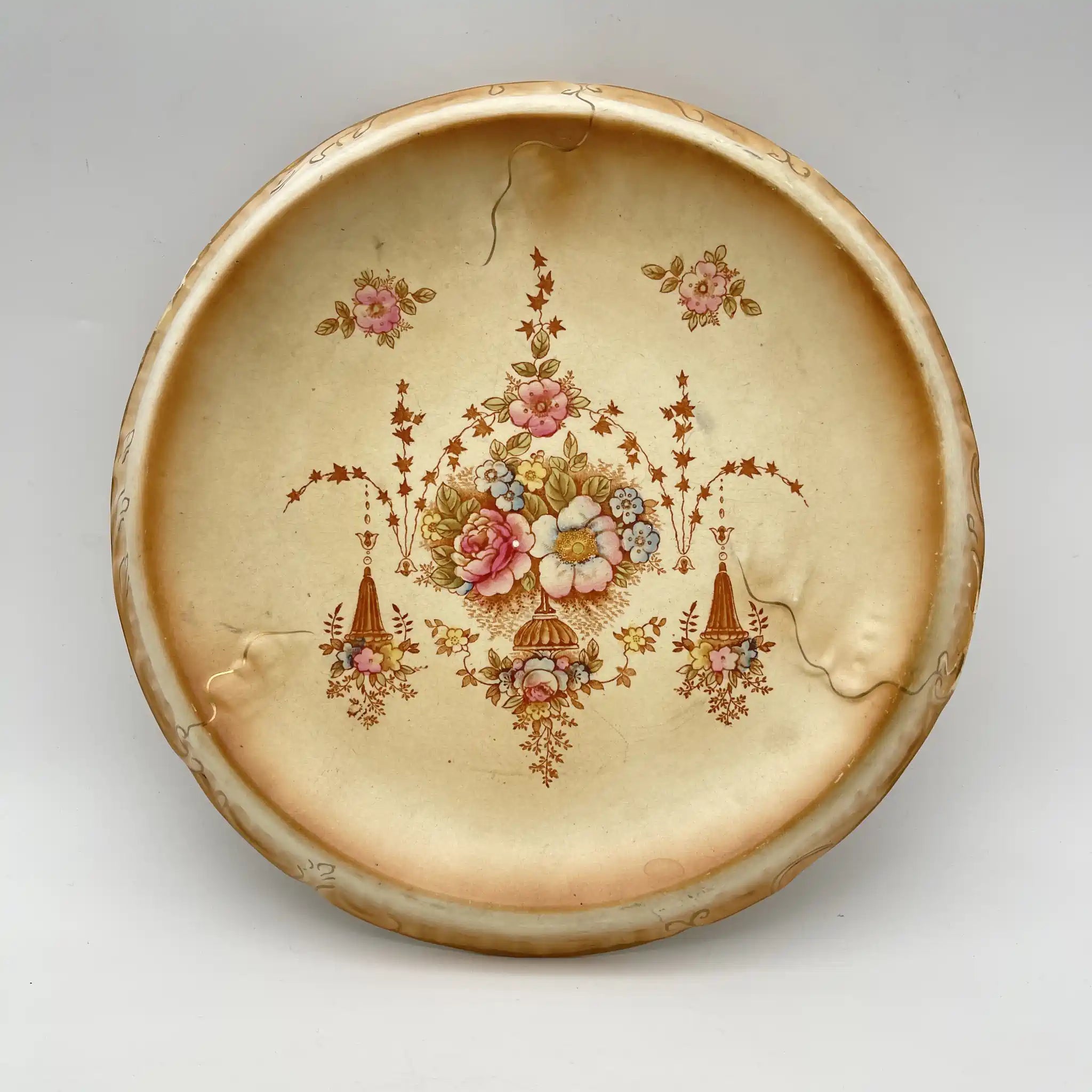 【アンティーク】 チーズスタンド (ケーキスタンド) / Crown Devon (クラウンデボン) / Spring / 1910-1920年代 / 陶器 / イギリス / 銅板転写, 手彩色 金彩