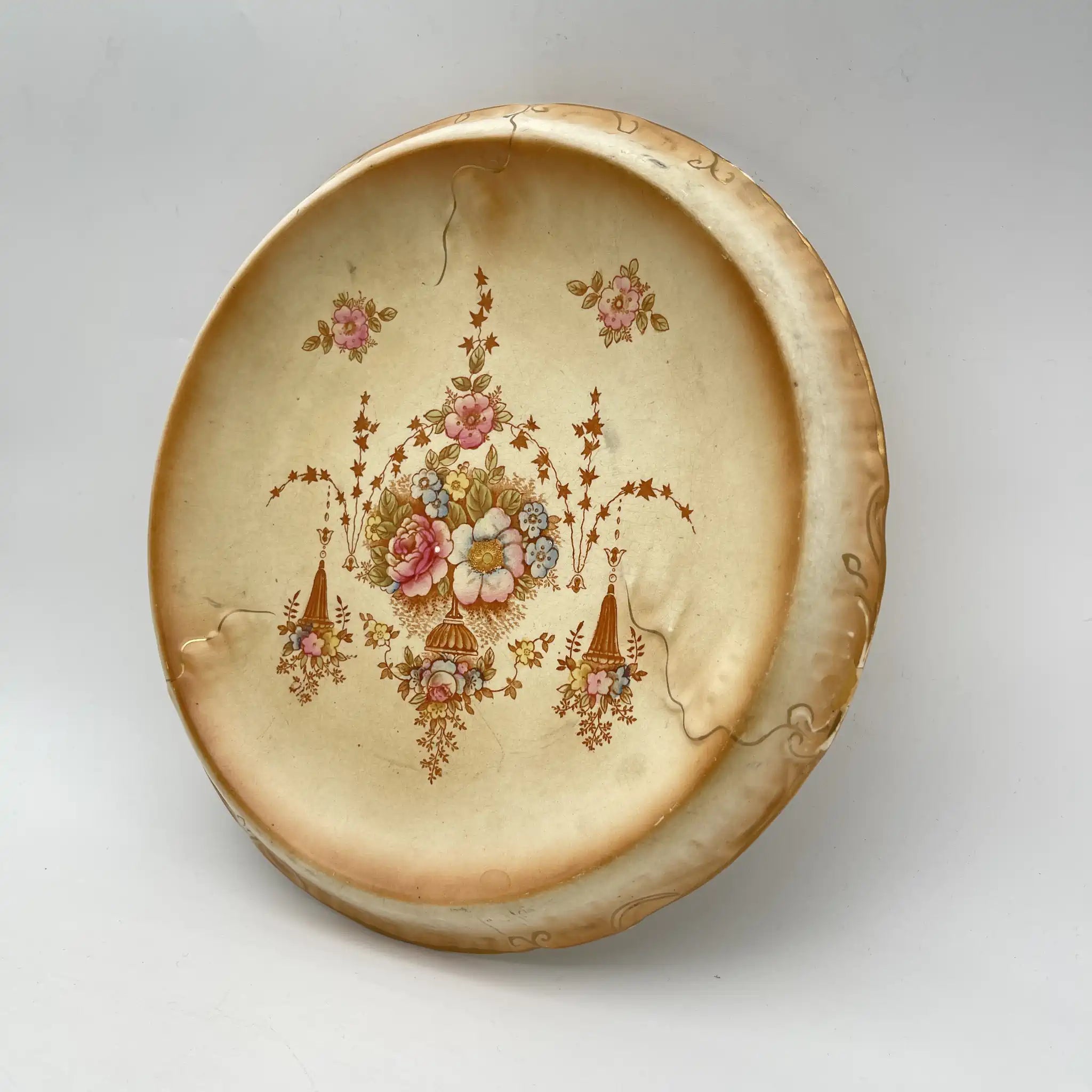 【アンティーク】 チーズスタンド (ケーキスタンド) / Crown Devon (クラウンデボン) / Spring / 1910-1920年代 / 陶器 / イギリス / 銅板転写, 手彩色 金彩