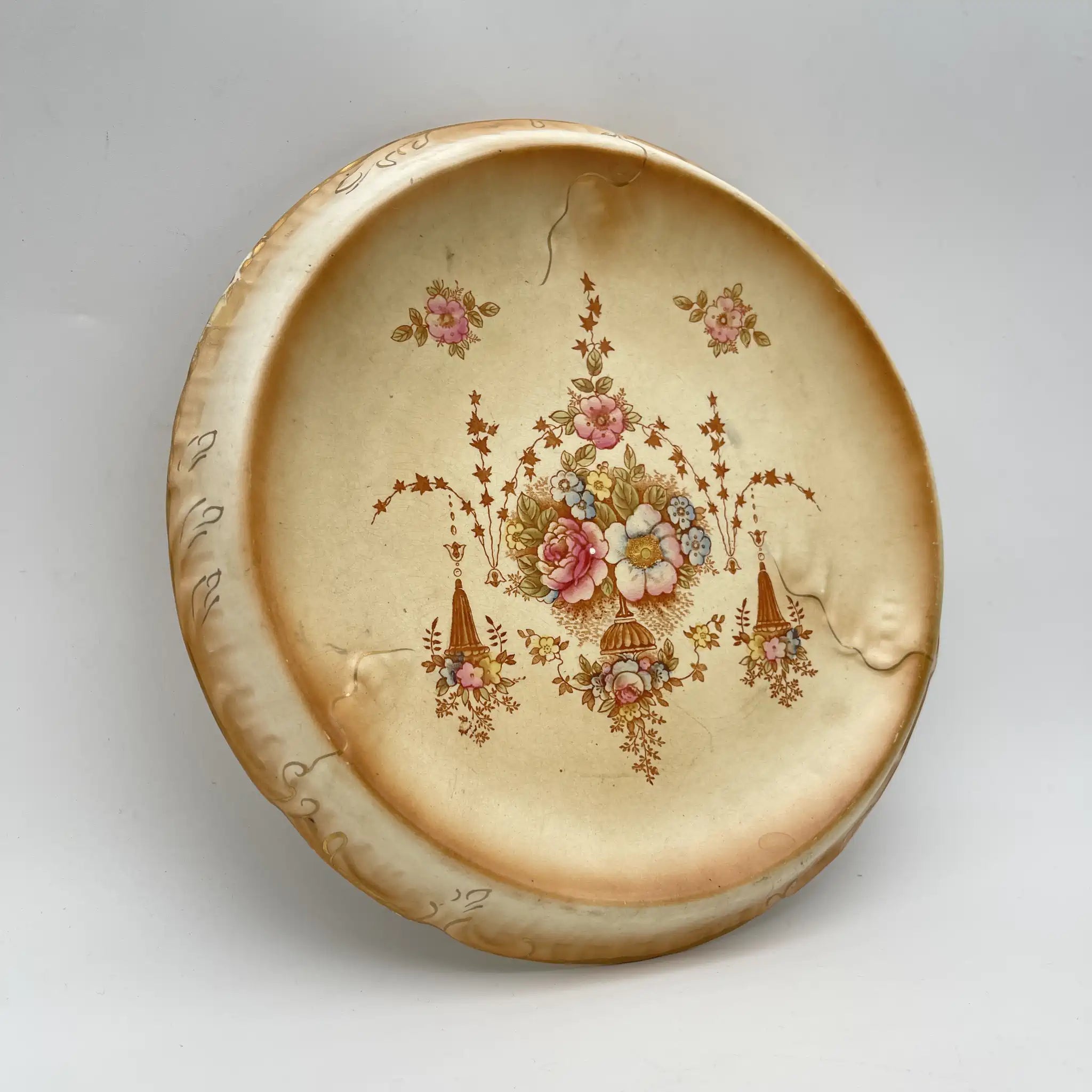 【アンティーク】 チーズスタンド (ケーキスタンド) / Crown Devon (クラウンデボン) / Spring / 1910-1920年代 / 陶器 / イギリス / 銅板転写, 手彩色 金彩