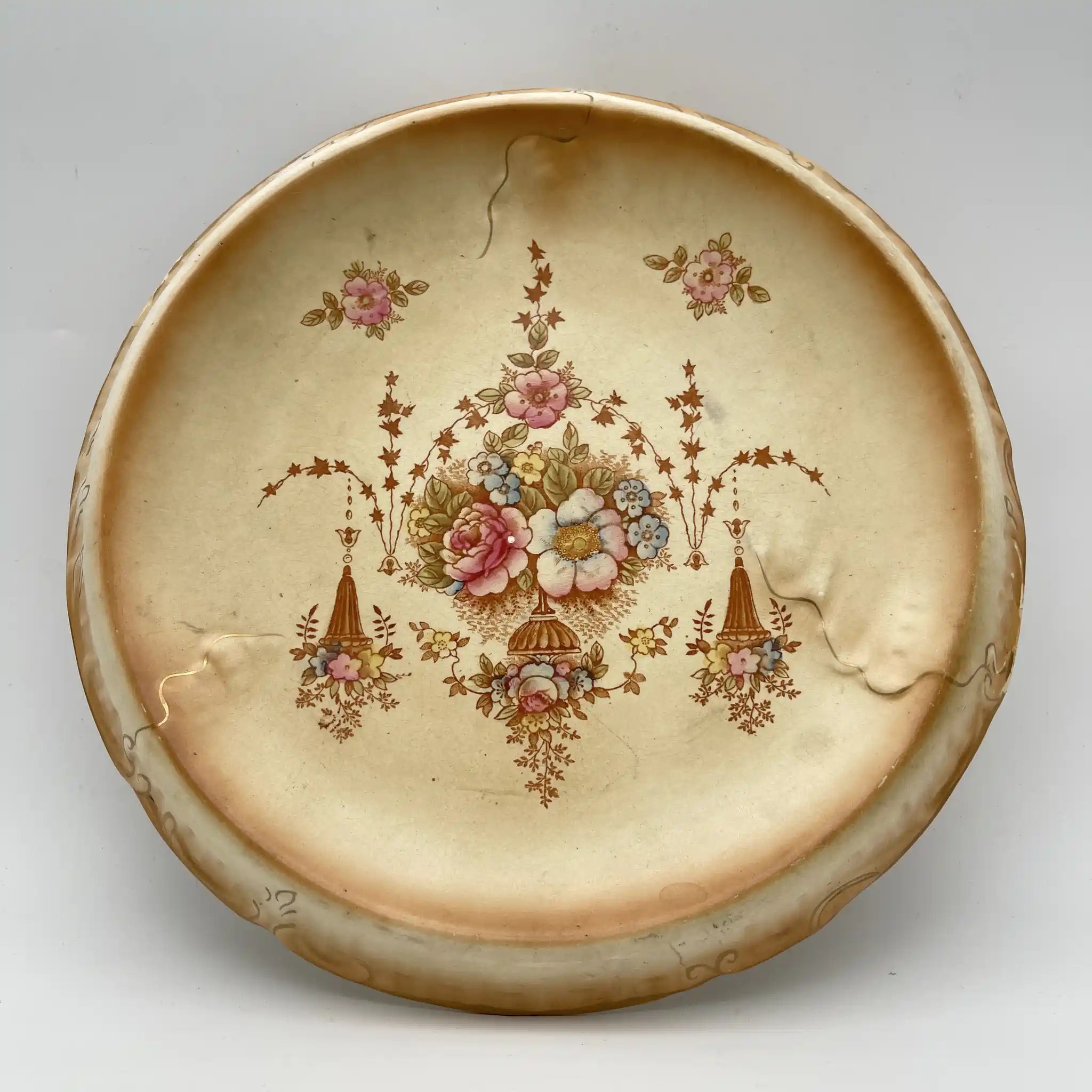 【アンティーク】 チーズスタンド (ケーキスタンド) / Crown Devon (クラウンデボン) / Spring / 1910-1920年代 / 陶器 / イギリス / 銅板転写, 手彩色 金彩