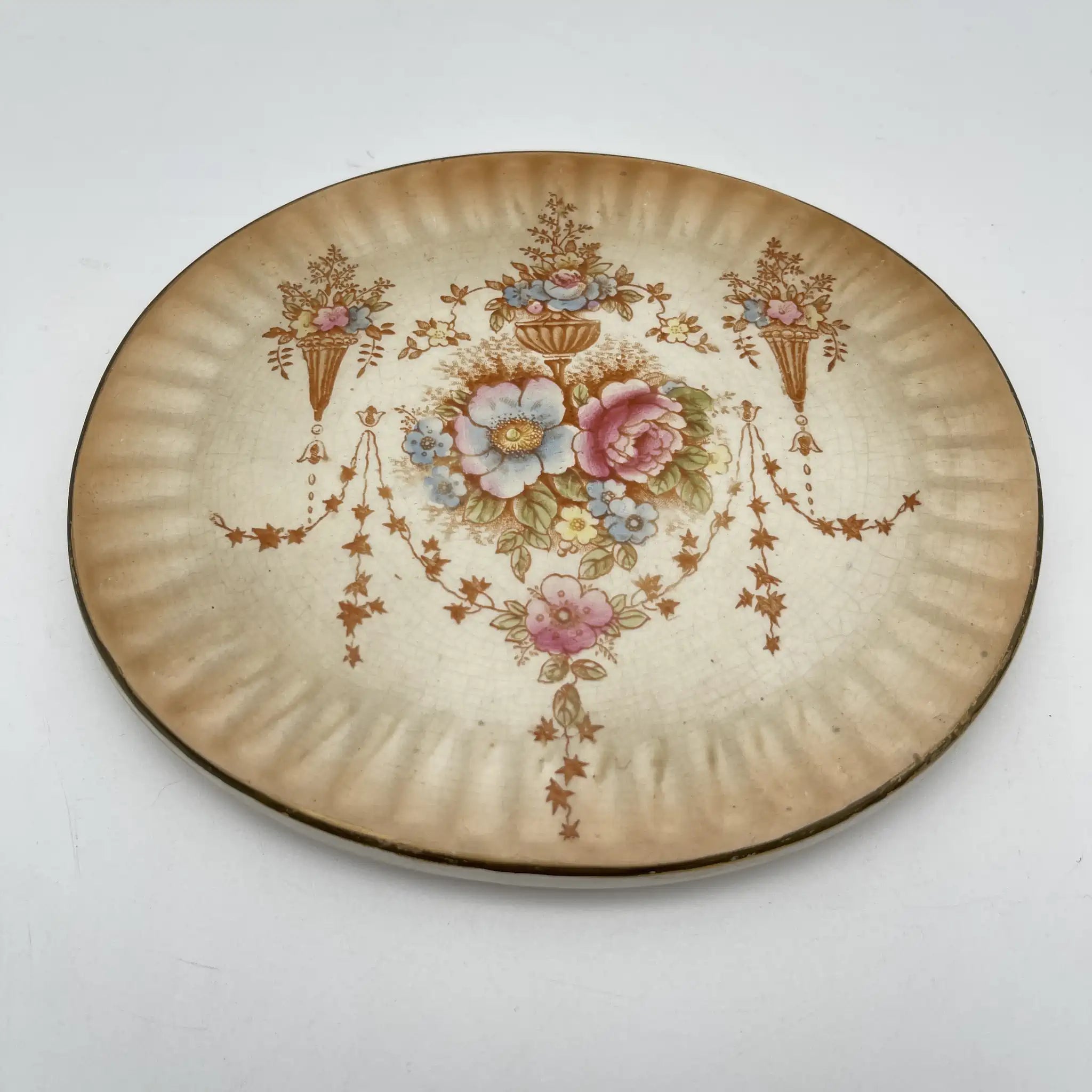 【アンティーク】 ポットスタンド (鍋敷き) / Crown Devon (クラウンデボン) / Spring / 1910-1920年代 / 陶器 / イギリス / 銅板転写, 手彩色 金彩